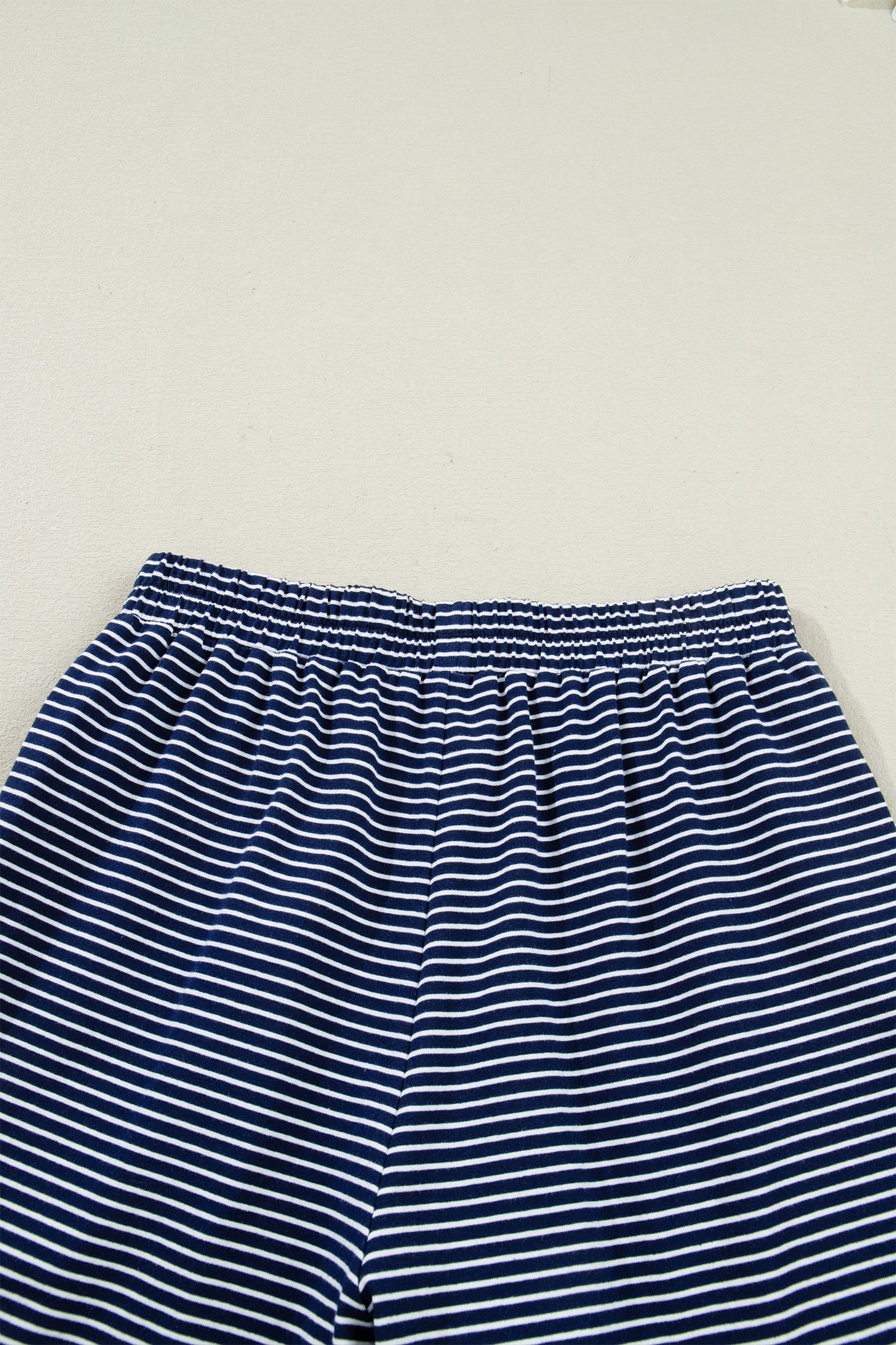 Blue Stripe Drop Shoulder Round Neck Long Sleeve Tee and Buttoned Shorts 2pcs Lounge Set-Loungewear & Sleepwear/Loungewear-[Adult]-[Female]-2022 Online Blue Zone Planet