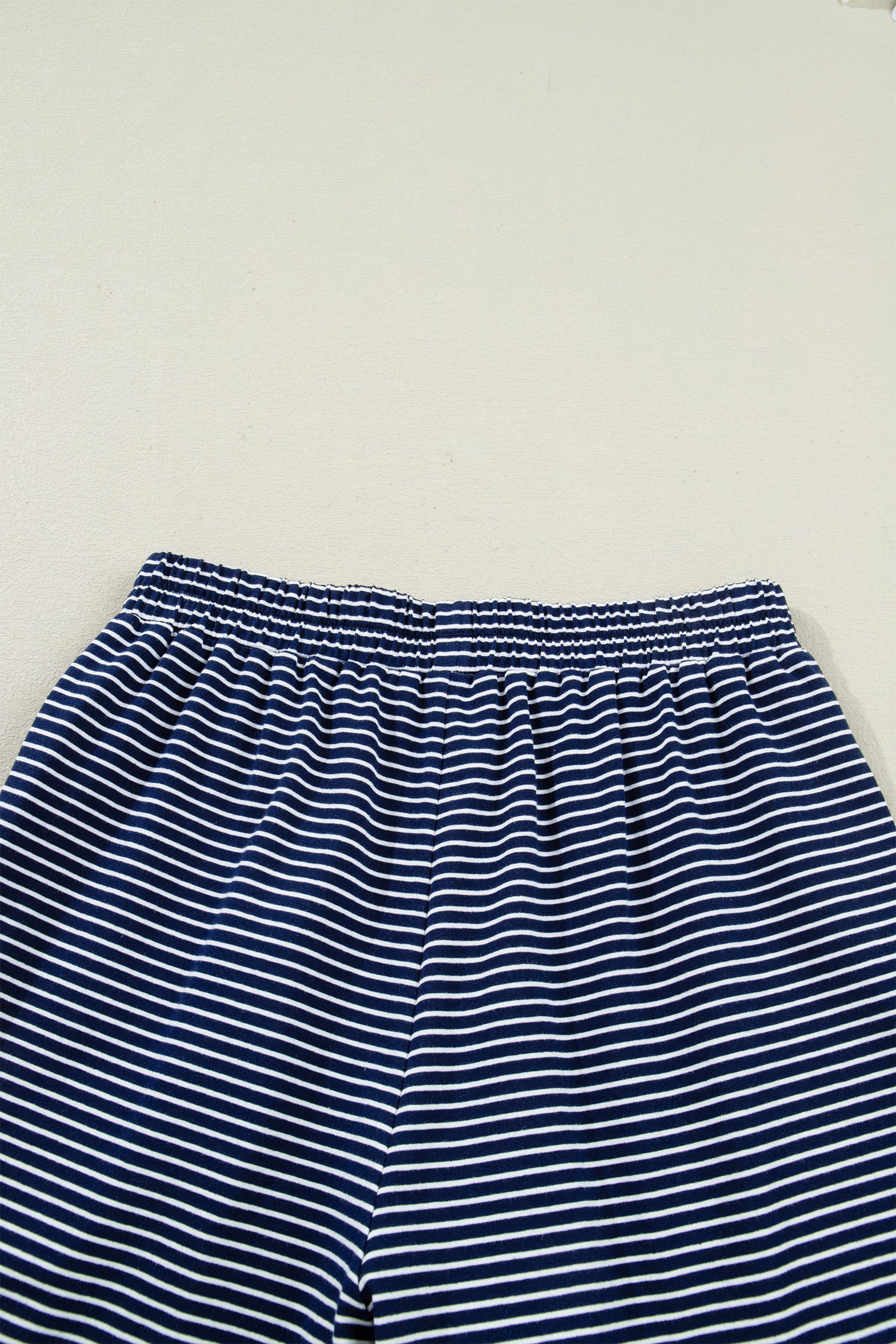 Blue Stripe Drop Shoulder Round Neck Long Sleeve Tee and Buttoned Shorts 2pcs Lounge Set-Loungewear & Sleepwear/Loungewear-[Adult]-[Female]-2022 Online Blue Zone Planet