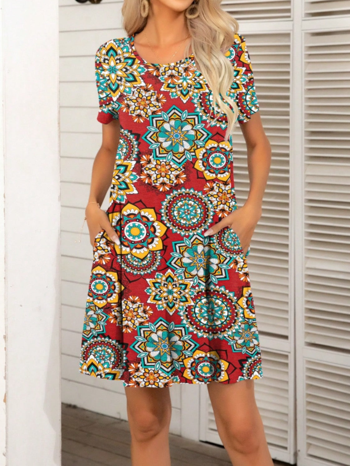 Pocketed Printed Round Neck Short Sleeve Mini Dress-TOPS / DRESSES-[Adult]-[Female]-Deep Red-S-2022 Online Blue Zone Planet