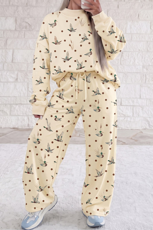 Beige Polka Dot Mallard Print Crewneck Pullover Two Piece Pants Set-Two Piece Sets/Pant Sets-[Adult]-[Female]-Beige-S-2022 Online Blue Zone Planet