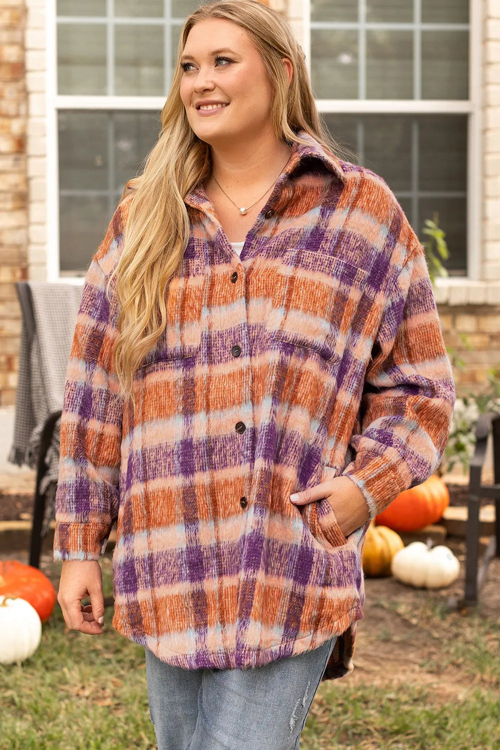 Plus Size Plaid Collared Neck Long Sleeve Jacket-TOPS / DRESSES-[Adult]-[Female]-2022 Online Blue Zone Planet