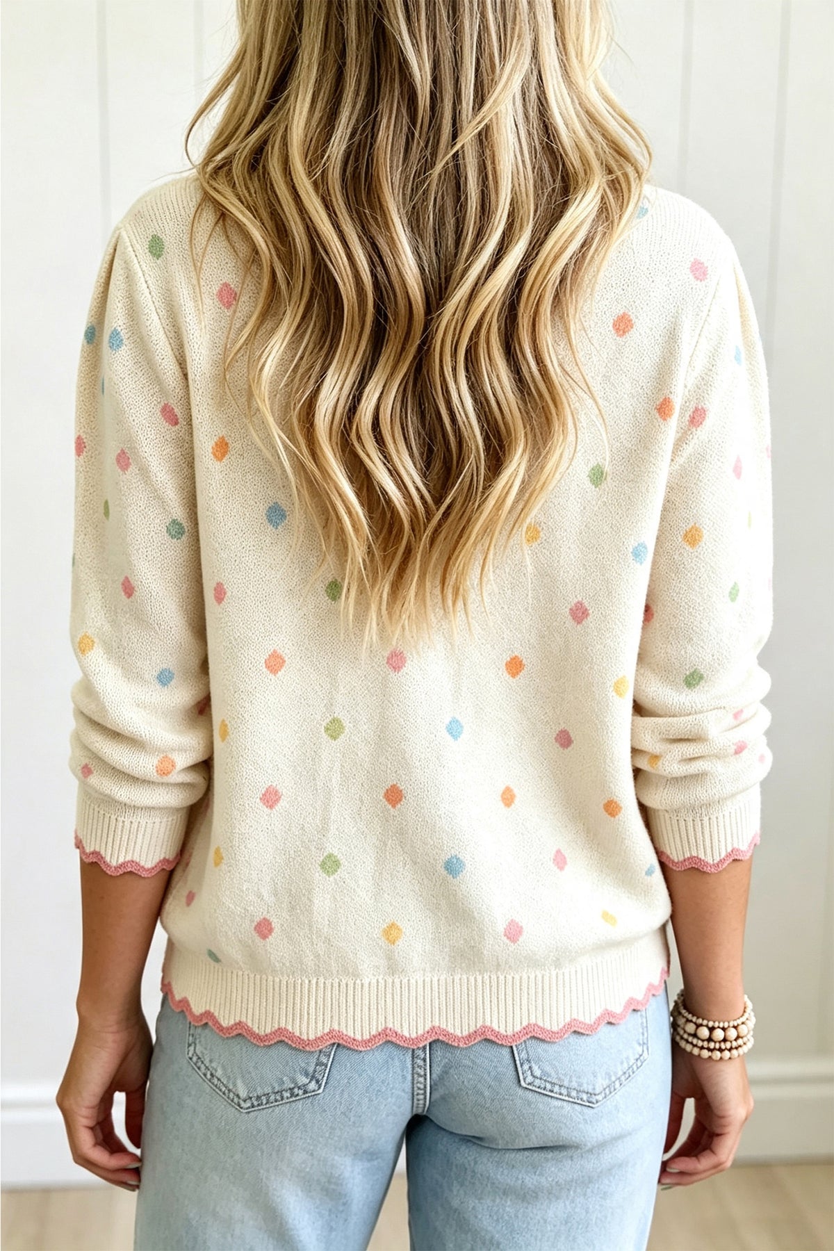 White Round Neck Polka Dot Long Sleeve Casual Shift Sweater