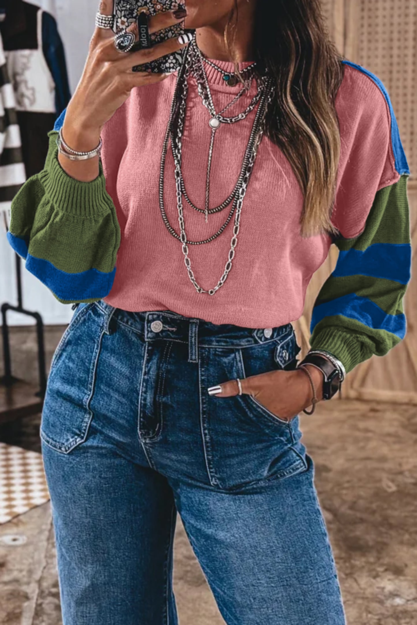 Multicolour Western Colorblock Patchwork Striped Long Sleeve Pullover Sweater-Sweaters & Cardigans/Sweaters-[Adult]-[Female]-2022 Online Blue Zone Planet