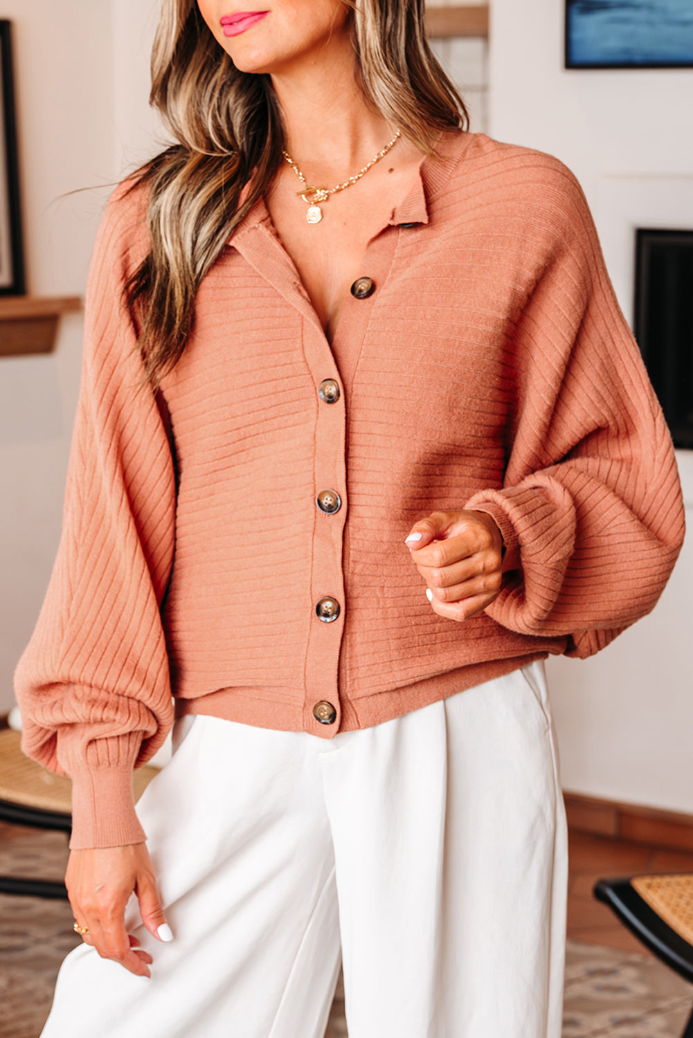Apricot Pink Wide Rib Knit Button Front Dolman Sleeve Sweater Cardigan-TOPS / DRESSES-[Adult]-[Female]-2022 Online Blue Zone Planet