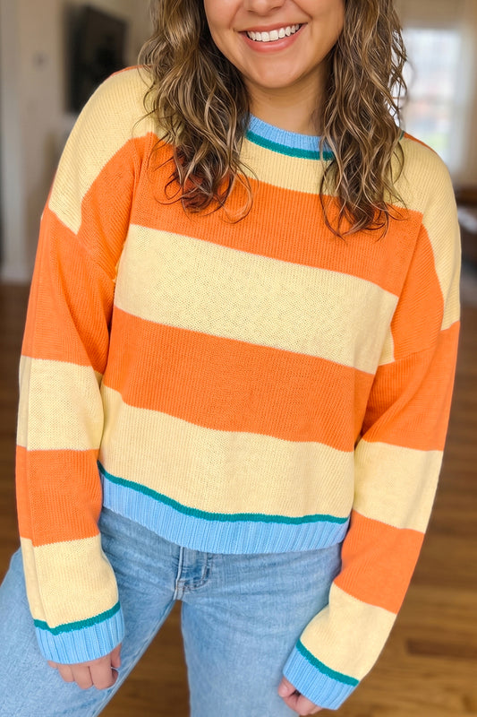 Yellow Stripe Striped Colorblock Round Neck Long Sleeve Oversized Plus Size Sweater-Plus Size/Plus Size Sweaters & Cardigans-[Adult]-[Female]-Yellow Stripe-1X-2022 Online Blue Zone Planet