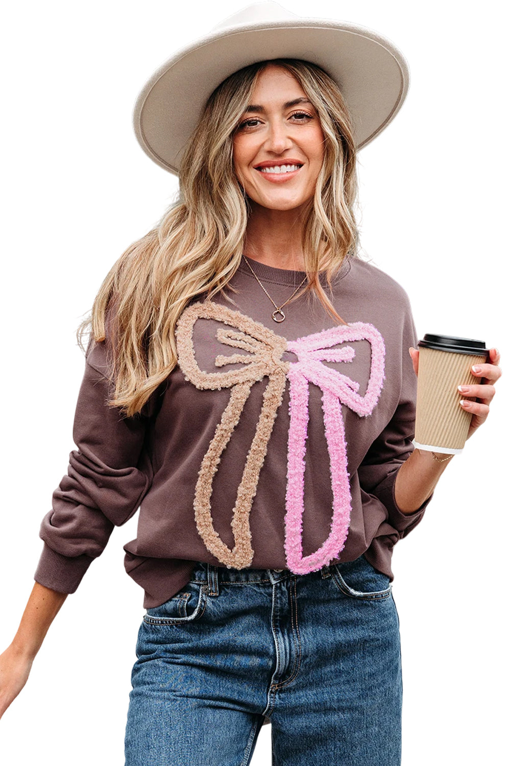 Dark Khaki Contrast Terry Bow Pattern Drop Shoulder Sweatshirt-Tops/Sweatshirts & Hoodies-[Adult]-[Female]-2022 Online Blue Zone Planet