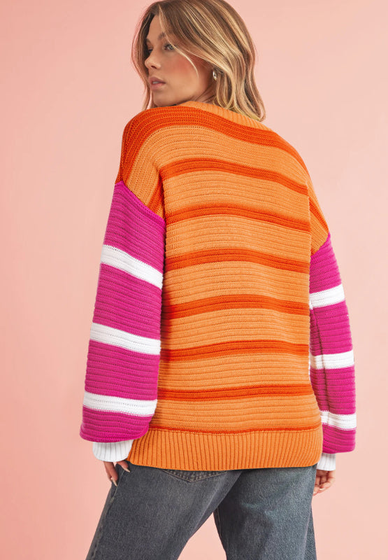 Striped Round Neck Long Sleeve Sweater-TOPS / DRESSES-[Adult]-[Female]-2022 Online Blue Zone Planet