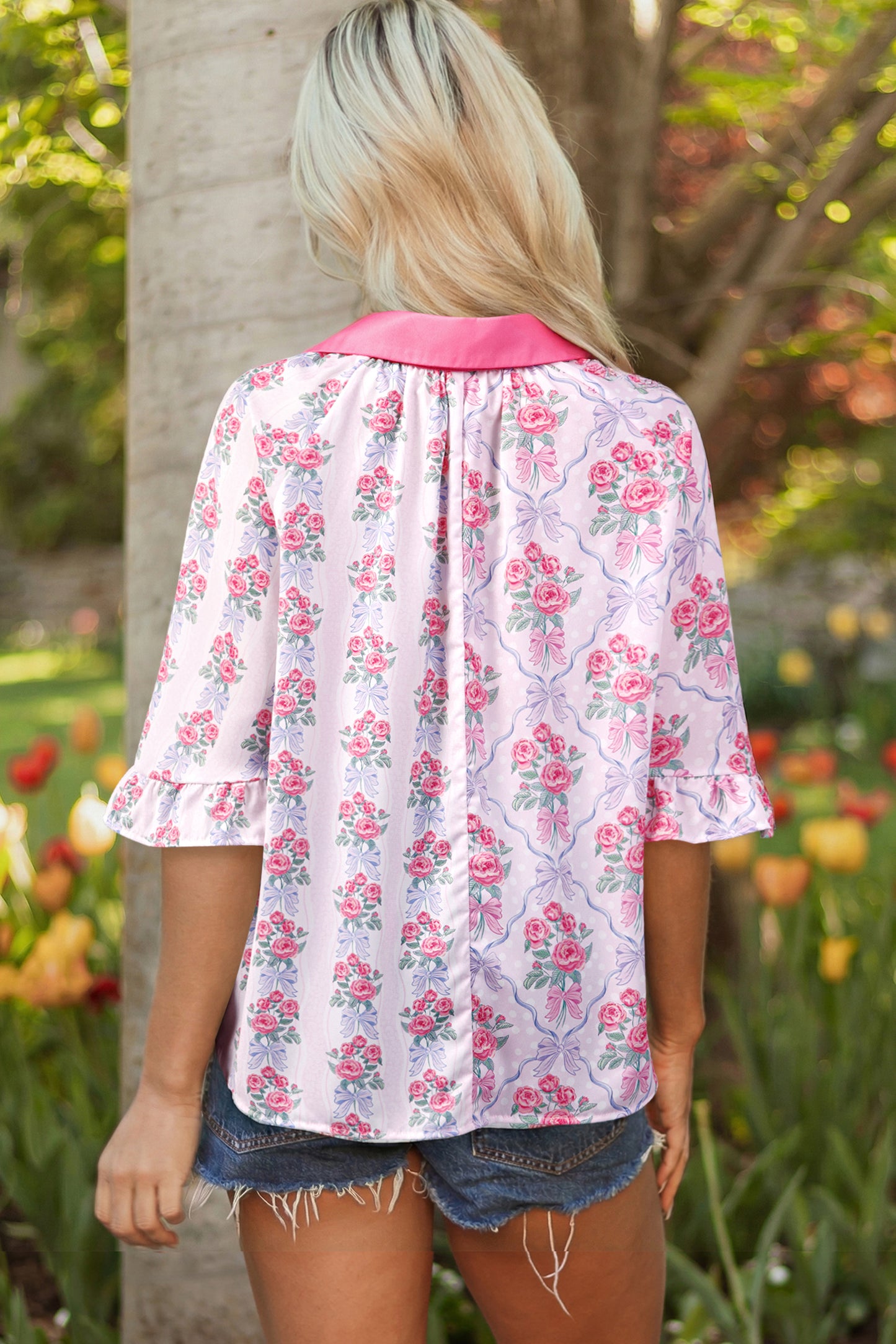Purple Floral Collared Ruffled Half Sleeve Shirt-Tops/Blouses & Shirts-[Adult]-[Female]-2022 Online Blue Zone Planet