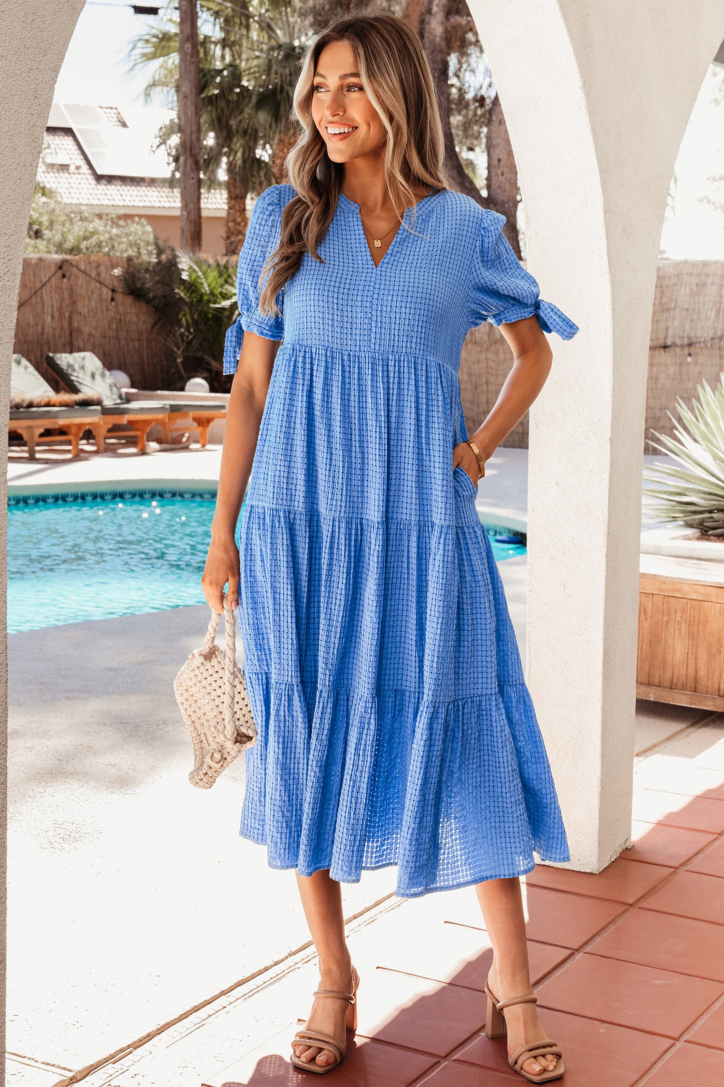 Dusk Blue Gingham Textured Bow Tie Short Sleeve Tiered Midi Dress-TOPS / DRESSES-[Adult]-[Female]-2022 Online Blue Zone Planet