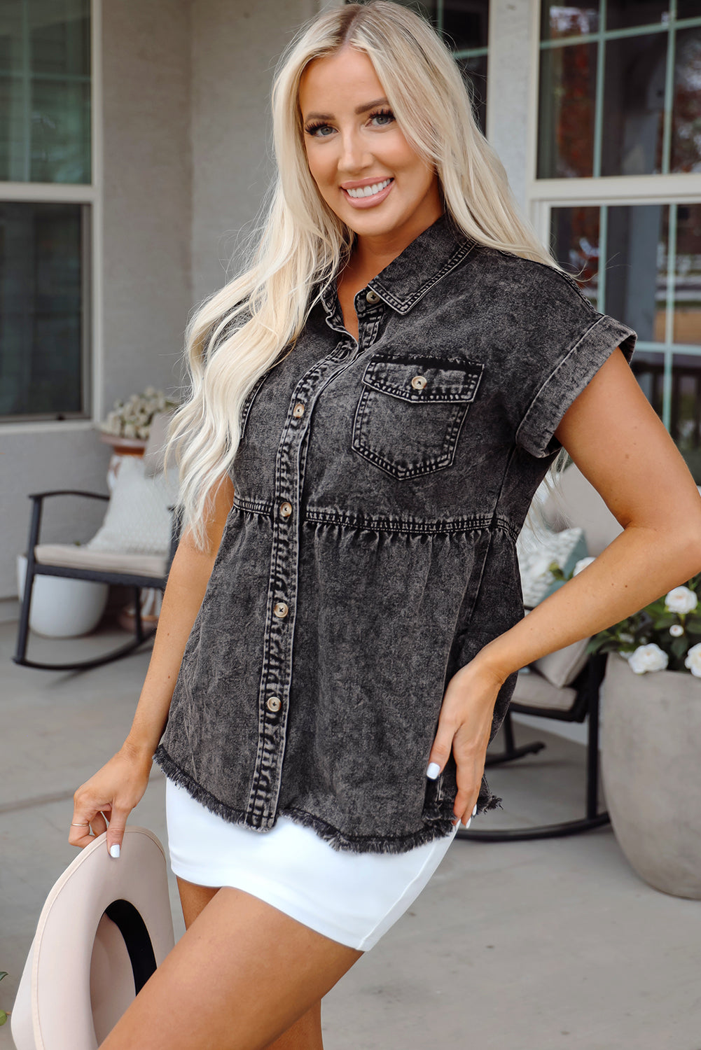 Black Short Sleeve Flap Pocket Button Up Raw Hem Denim Shirt-Tops/Blouses & Shirts-[Adult]-[Female]-2022 Online Blue Zone Planet