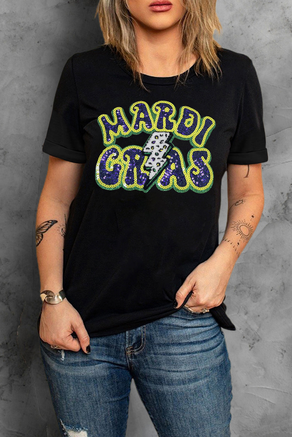 Black Sequin MARDI GRAS Letter Crewneck Tee-Graphic Tees-[Adult]-[Female]-2022 Online Blue Zone Planet