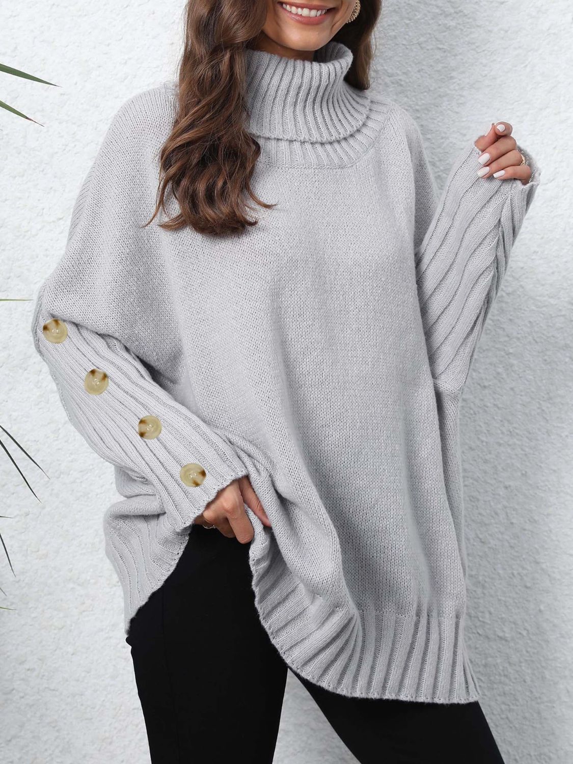 Turtleneck Long Sleeve Sweater-TOPS / DRESSES-[Adult]-[Female]-Light Gray-One Size-2022 Online Blue Zone Planet