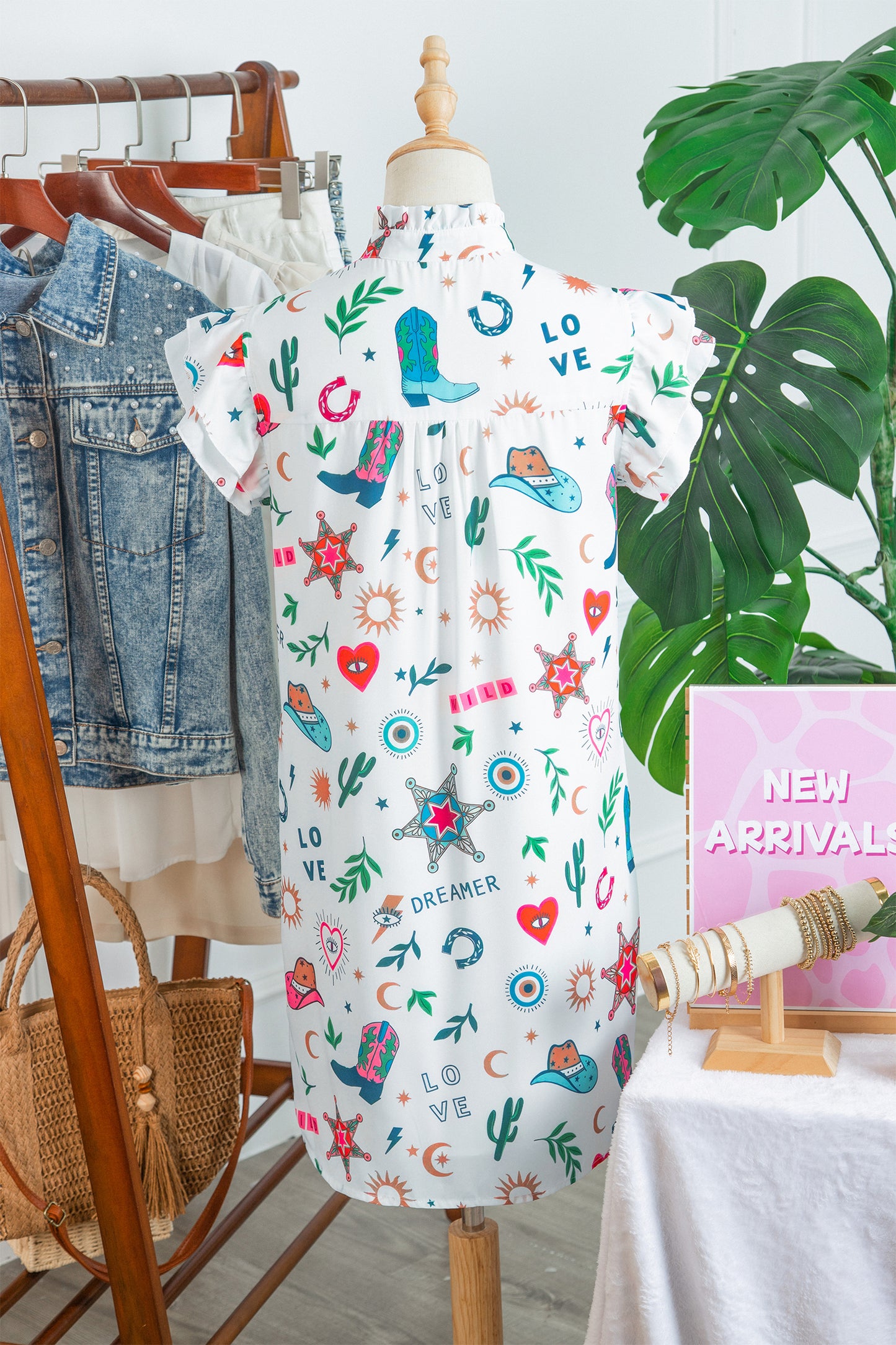 White Western Print Flutter Sleeve Button Down Mini Dress-TOPS / DRESSES-[Adult]-[Female]-2022 Online Blue Zone Planet