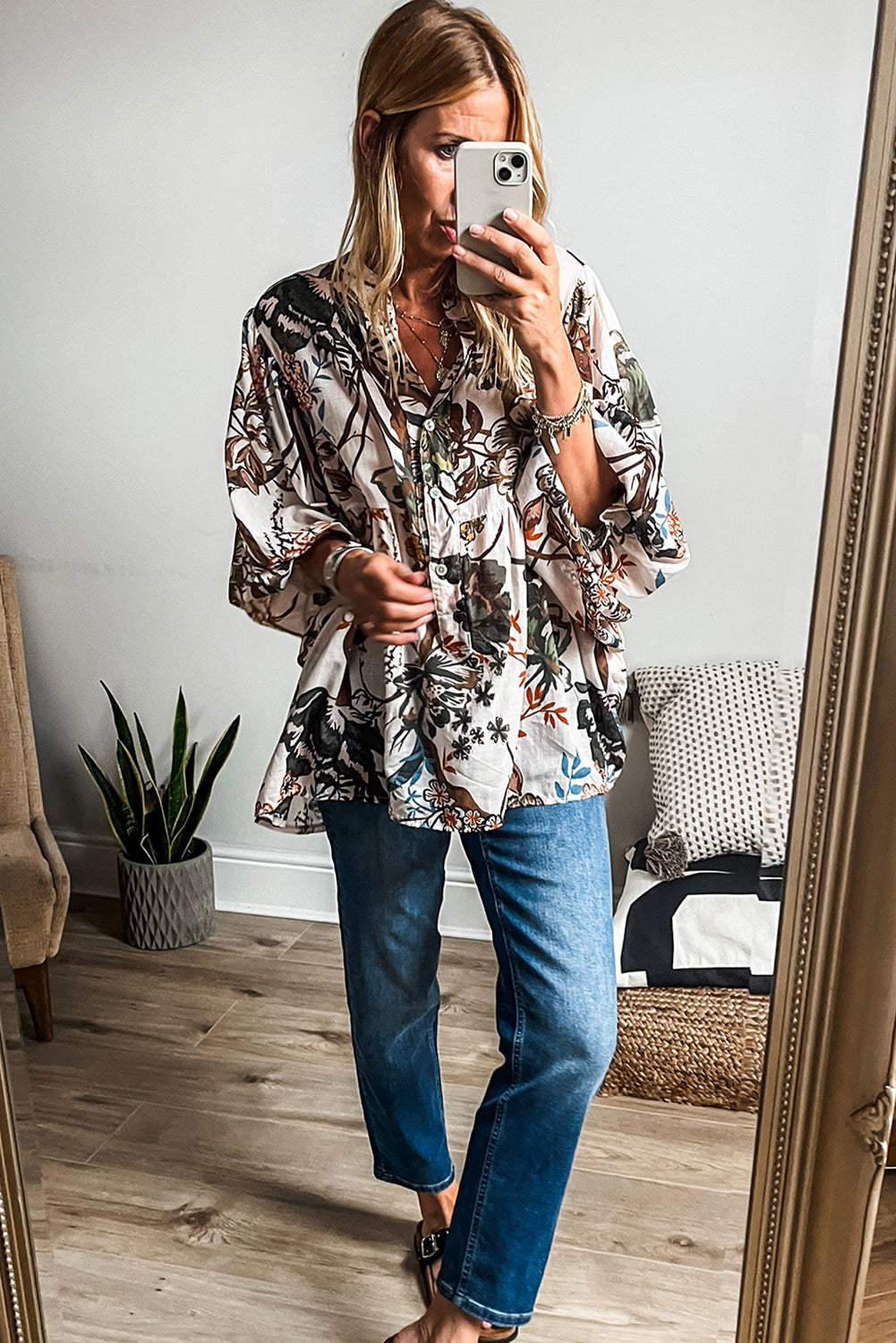 Blue Zone Planet | White Floral Print Balloon Sleeves Button Up Loose Casual Shirt-Tops/Blouses & Shirts-[Adult]-[Female]-2022 Online Blue Zone Planet