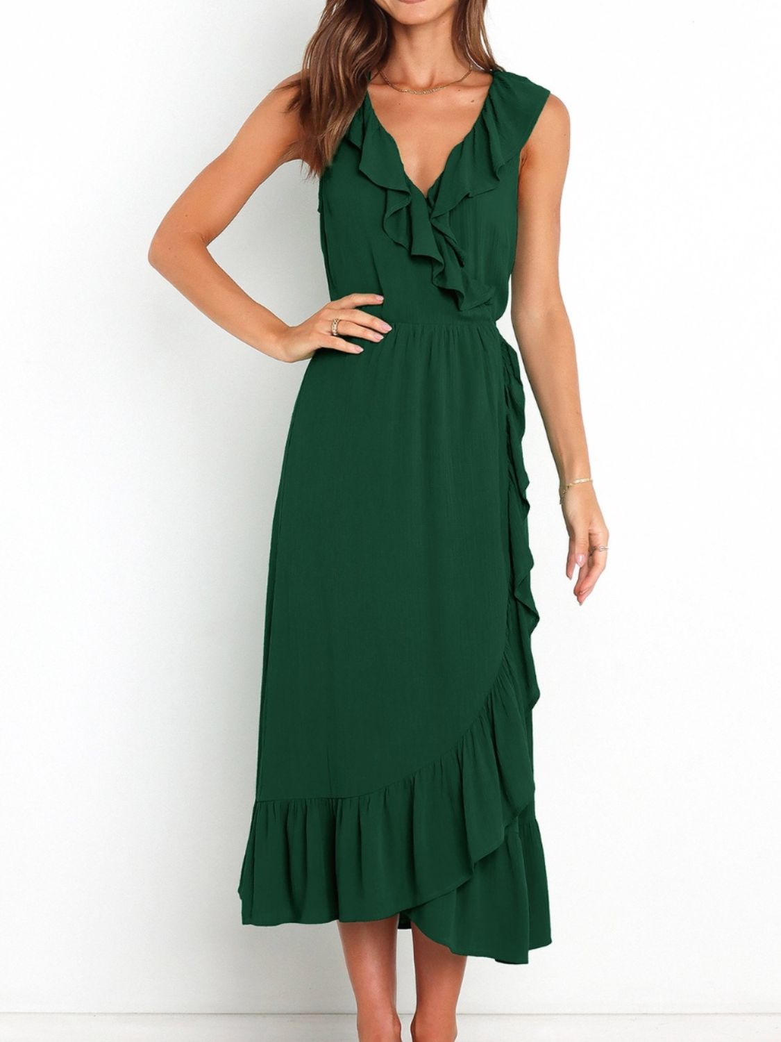 Ruffled Surplice Sleeveless Midi Dress-TOPS / DRESSES-[Adult]-[Female]-Dark Green-S-2022 Online Blue Zone Planet