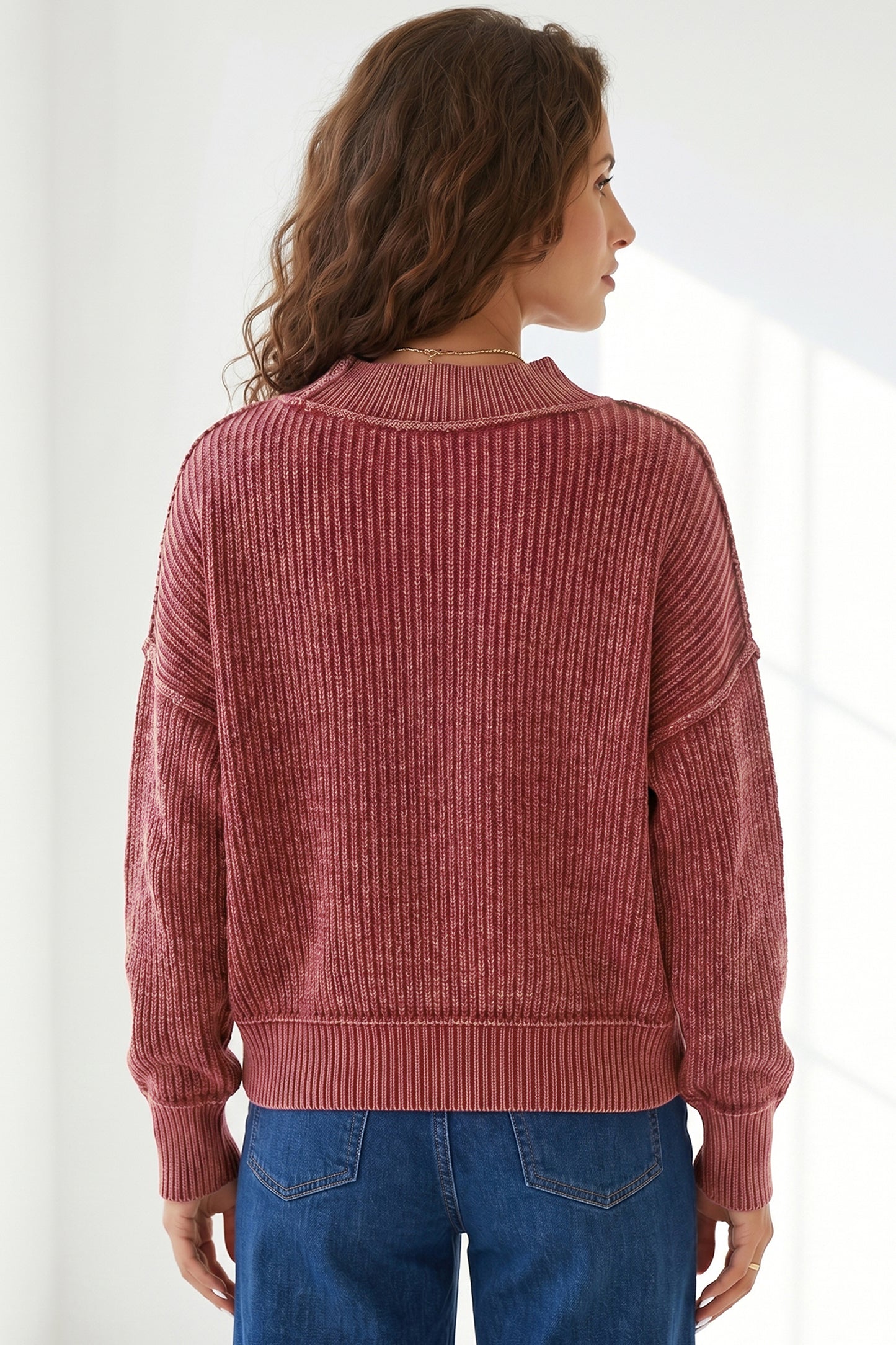 Red Dahlia Drop Shoulder High Neck Ribbed Sweater-Sweaters & Cardigans/Sweaters-[Adult]-[Female]-2022 Online Blue Zone Planet