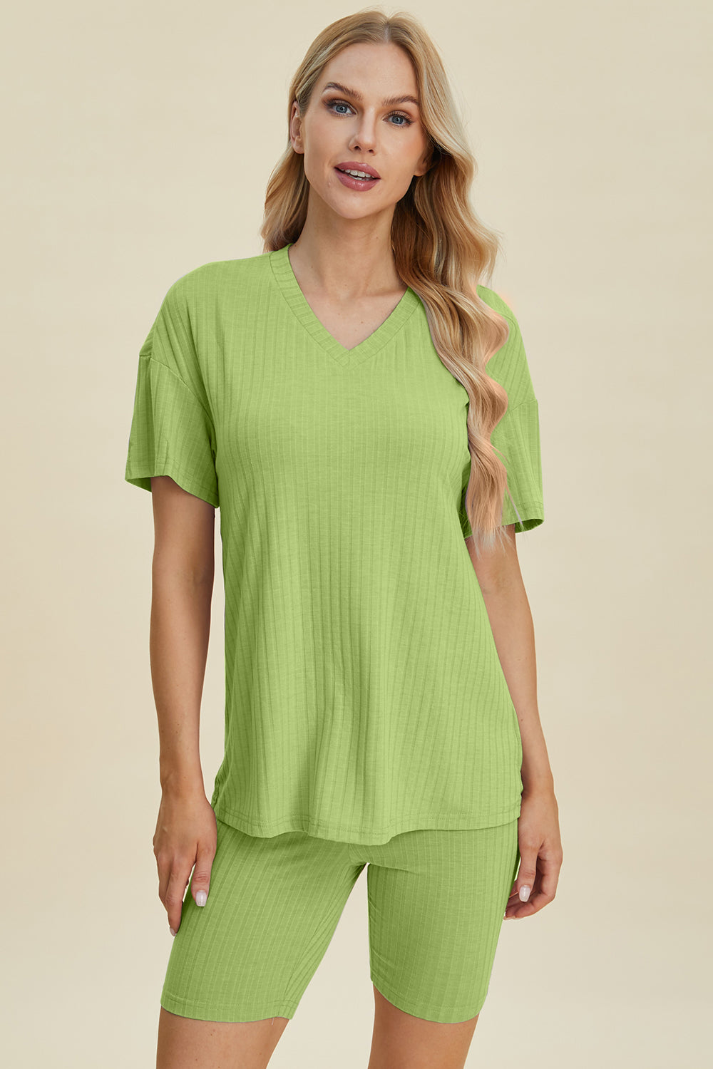 Basic Bae Full Size Ribbed V-Neck Short Sleeve Top and Shorts Set-TOPS / DRESSES-[Adult]-[Female]-Yellow-Green-S-2022 Online Blue Zone Planet