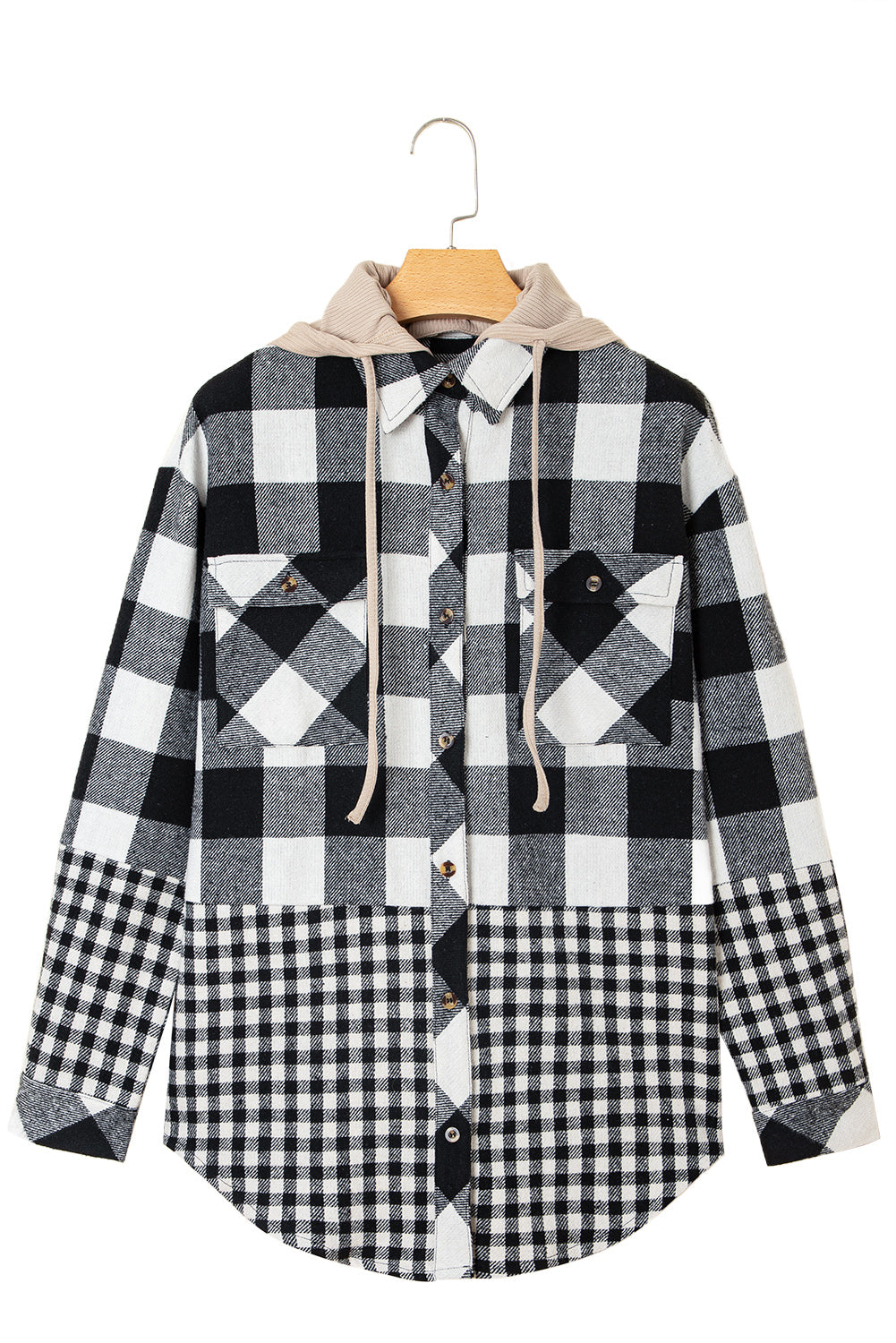 Black Double Plaid Patchwork Drawstring Hooded Shacket-Tops / Dresses-[Adult]-[Female]-2022 Online Blue Zone Planet