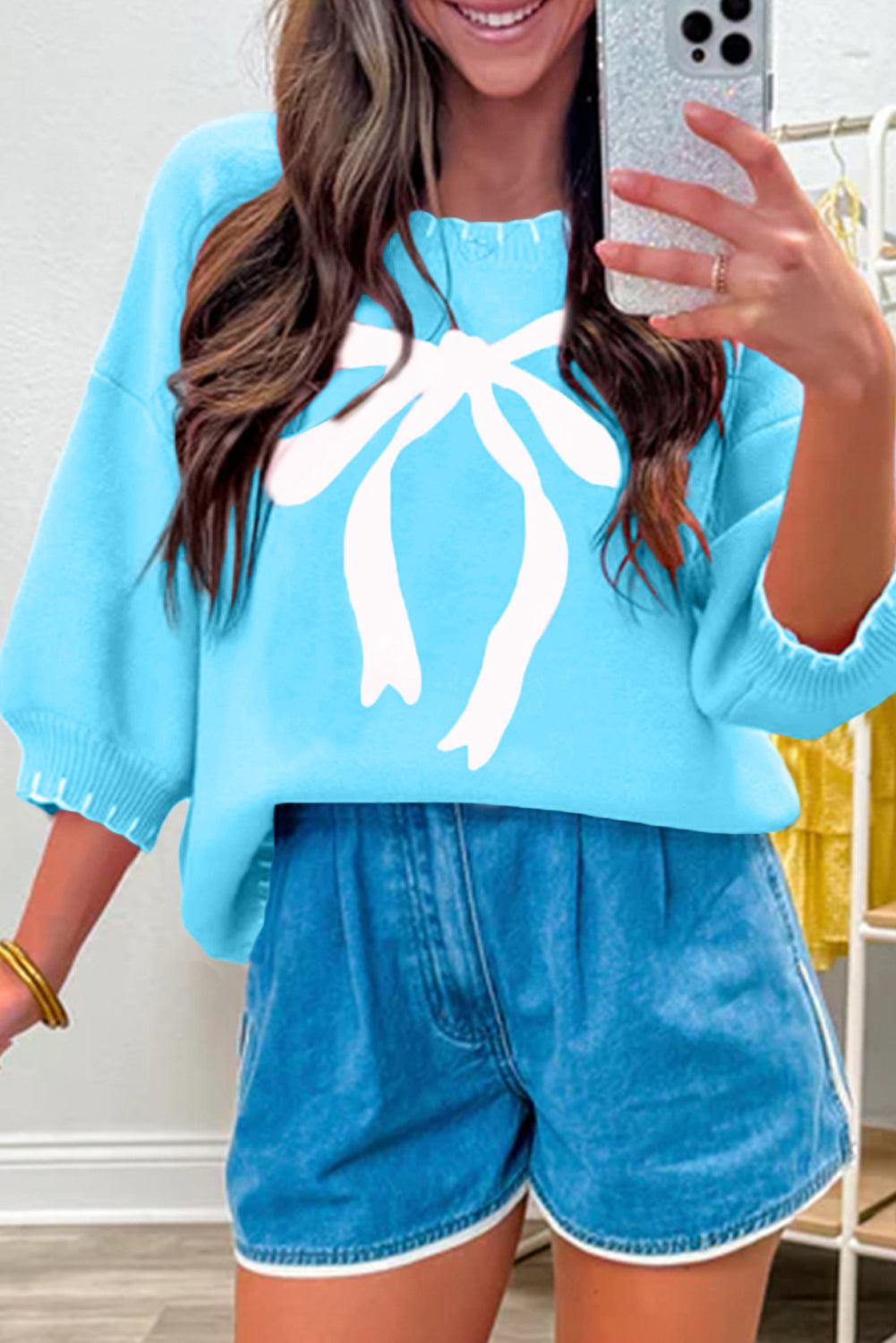 Light Blue Big Ribbon Bow Print Contrast Stitch Trim Drop Shoulder Sweater-TOPS / DRESSES-[Adult]-[Female]-Light Blue-S-2022 Online Blue Zone Planet