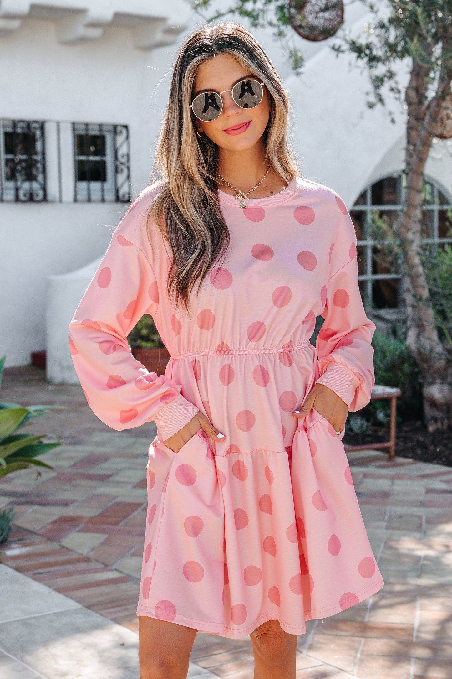 Pink Polka Dot Printed Long Sleeve Flared Mini Dress-TOPS / DRESSES-[Adult]-[Female]-2022 Online Blue Zone Planet