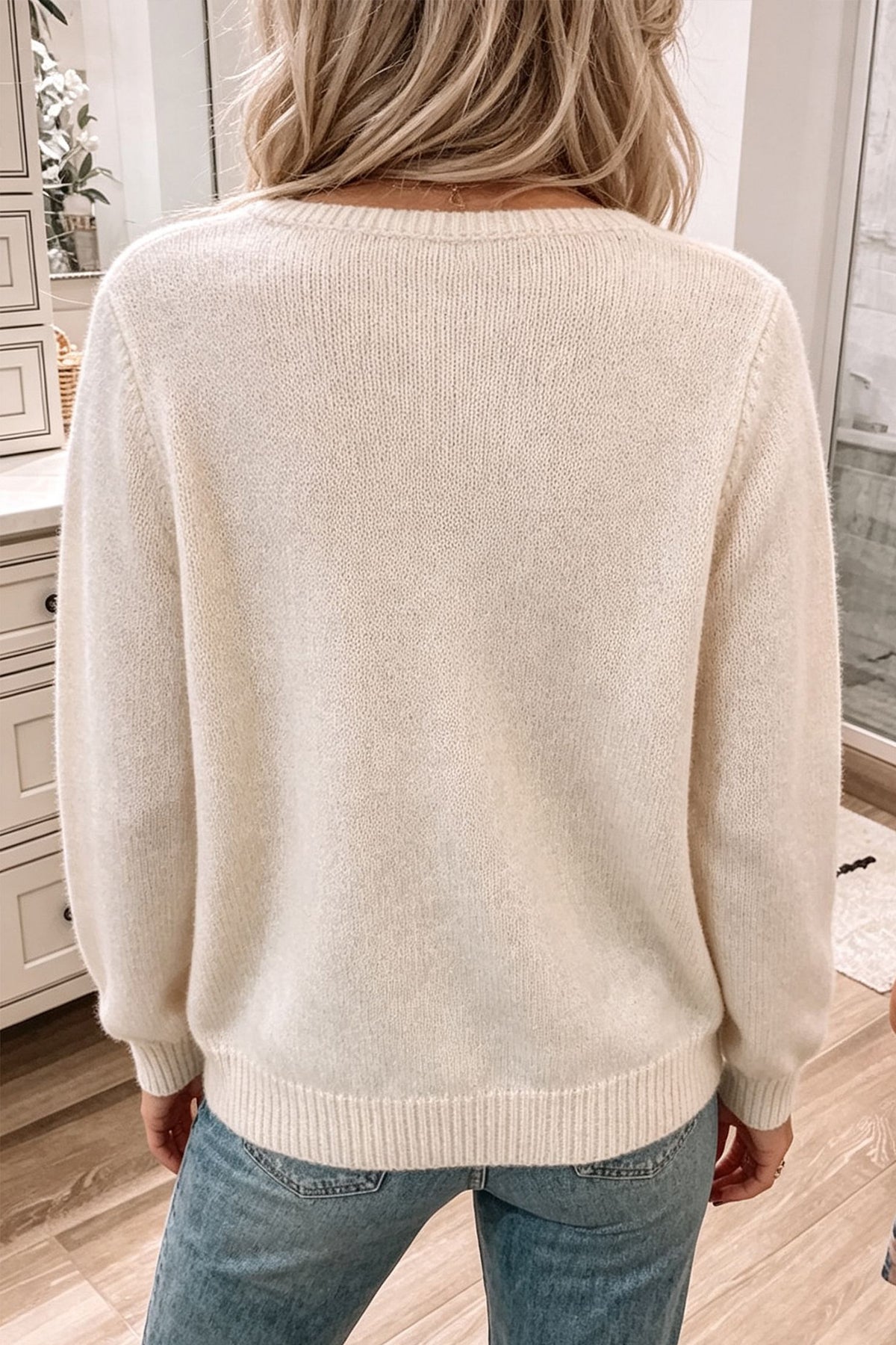 White Floral Print Embellished V Neck Relaxed Sweater-TOPS / DRESSES-[Adult]-[Female]-2022 Online Blue Zone Planet