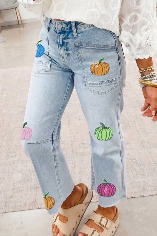Beau Blue Sequin Pumpkin Patched Graphic Casual Shift Jeans-Graphic/Graphic Pants-[Adult]-[Female]-Beau Blue-4-2022 Online Blue Zone Planet