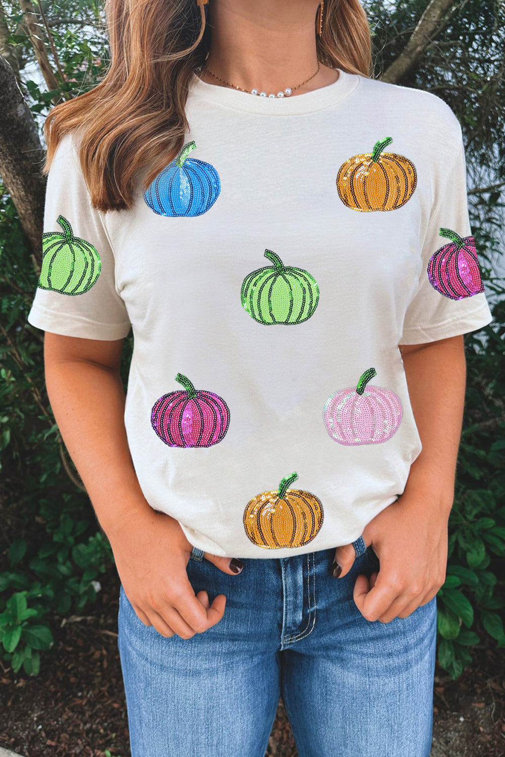 White Sequin Pumpkin Patched Cotton Blend T Shirt-Graphic/Graphic Tees-[Adult]-[Female]-2022 Online Blue Zone Planet