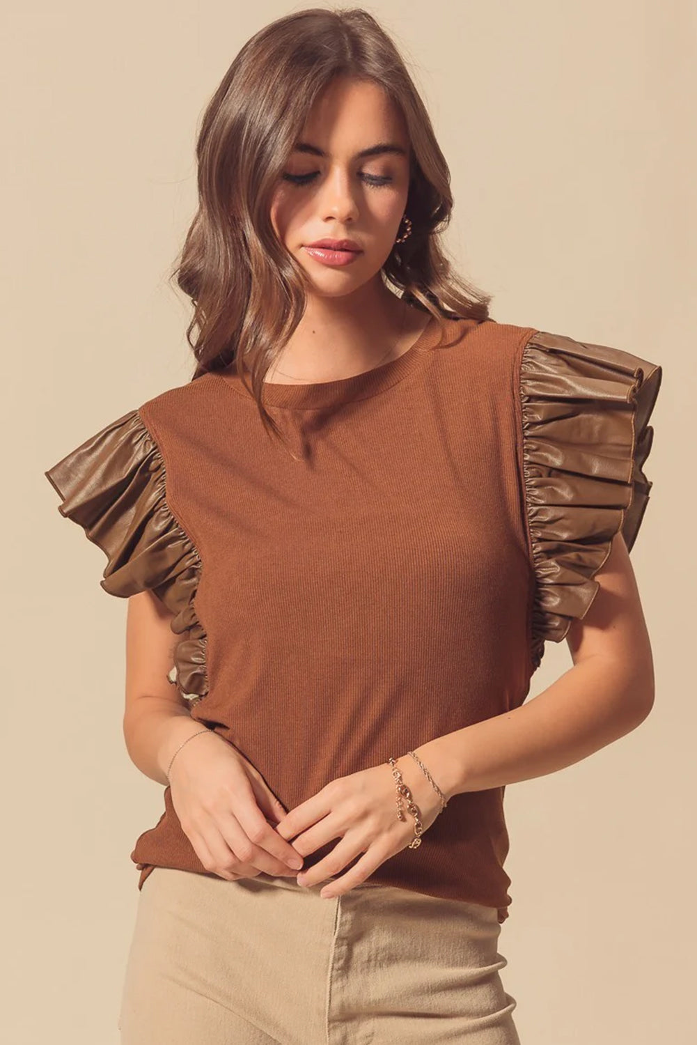 Cinnamon Leather Ruffle Sleeve Patchwork Round Neck Blouse-Tops/Blouses & Shirts-[Adult]-[Female]-2022 Online Blue Zone Planet