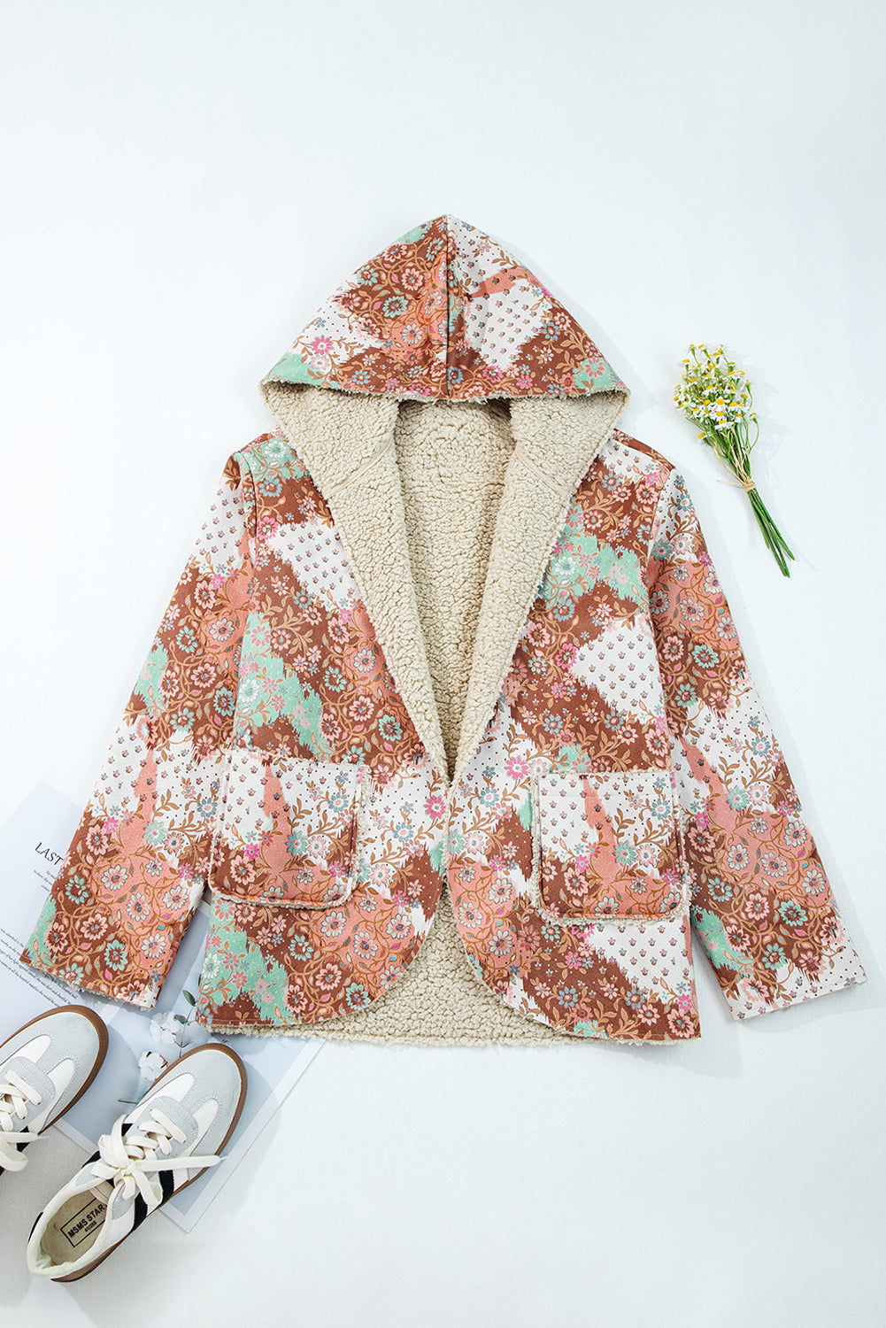 Khaki Vintage Floral Printed Sherpa Lined Hooded Jacket-Tops / Dresses-[Adult]-[Female]-2022 Online Blue Zone Planet