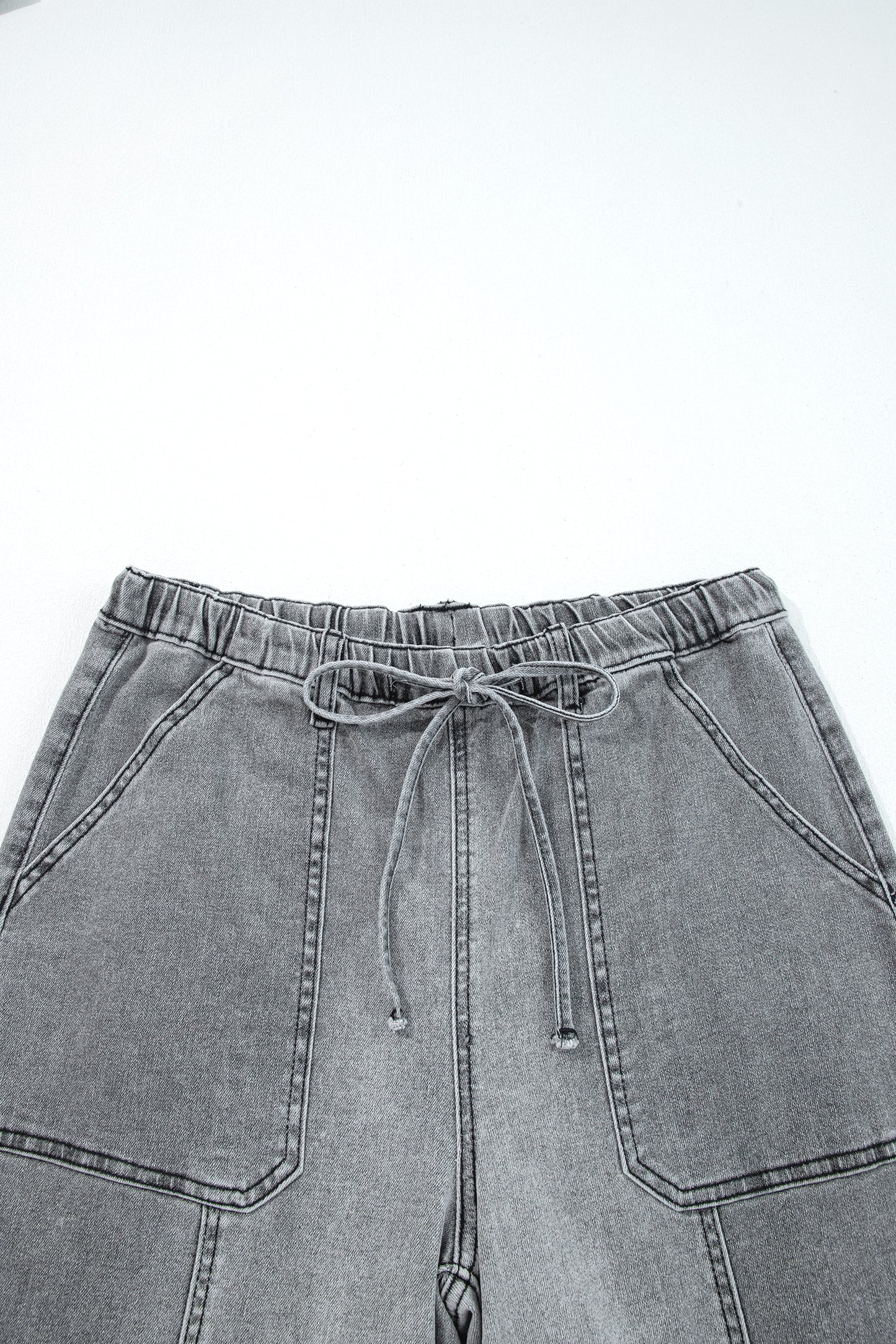 Gray Drawstring Seam Detail Raw Hem Wide Leg Denim Pants-Bottoms/Jeans-[Adult]-[Female]-2022 Online Blue Zone Planet