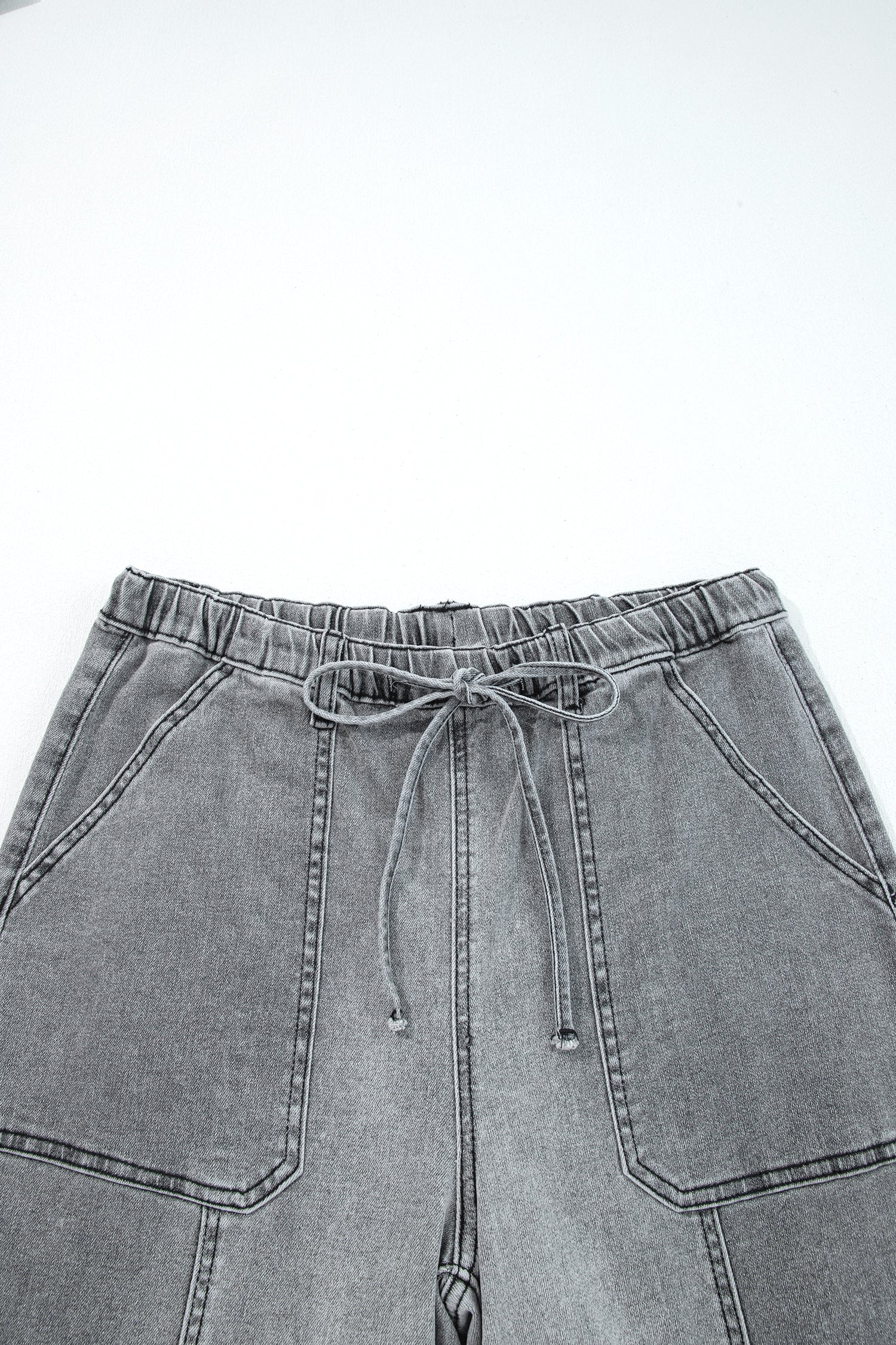 Gray Drawstring Seam Detail Raw Hem Wide Leg Denim Pants-Bottoms/Jeans-[Adult]-[Female]-2022 Online Blue Zone Planet