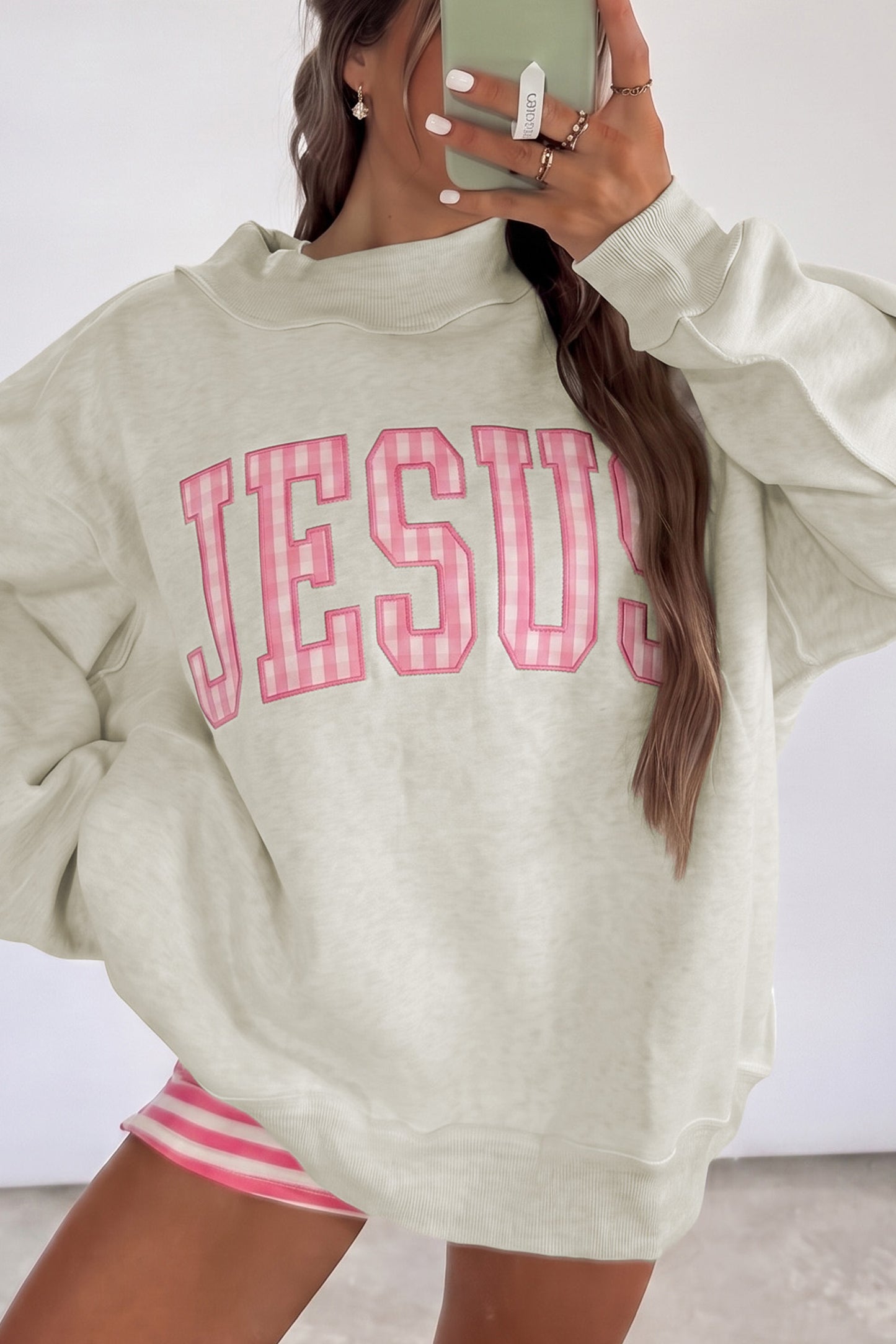 Gray High Neck Polka Dot Slogan Printed Baggy Sweatshirt-Tops/Sweatshirts & Hoodies-[Adult]-[Female]-Gray-S-2022 Online Blue Zone Planet