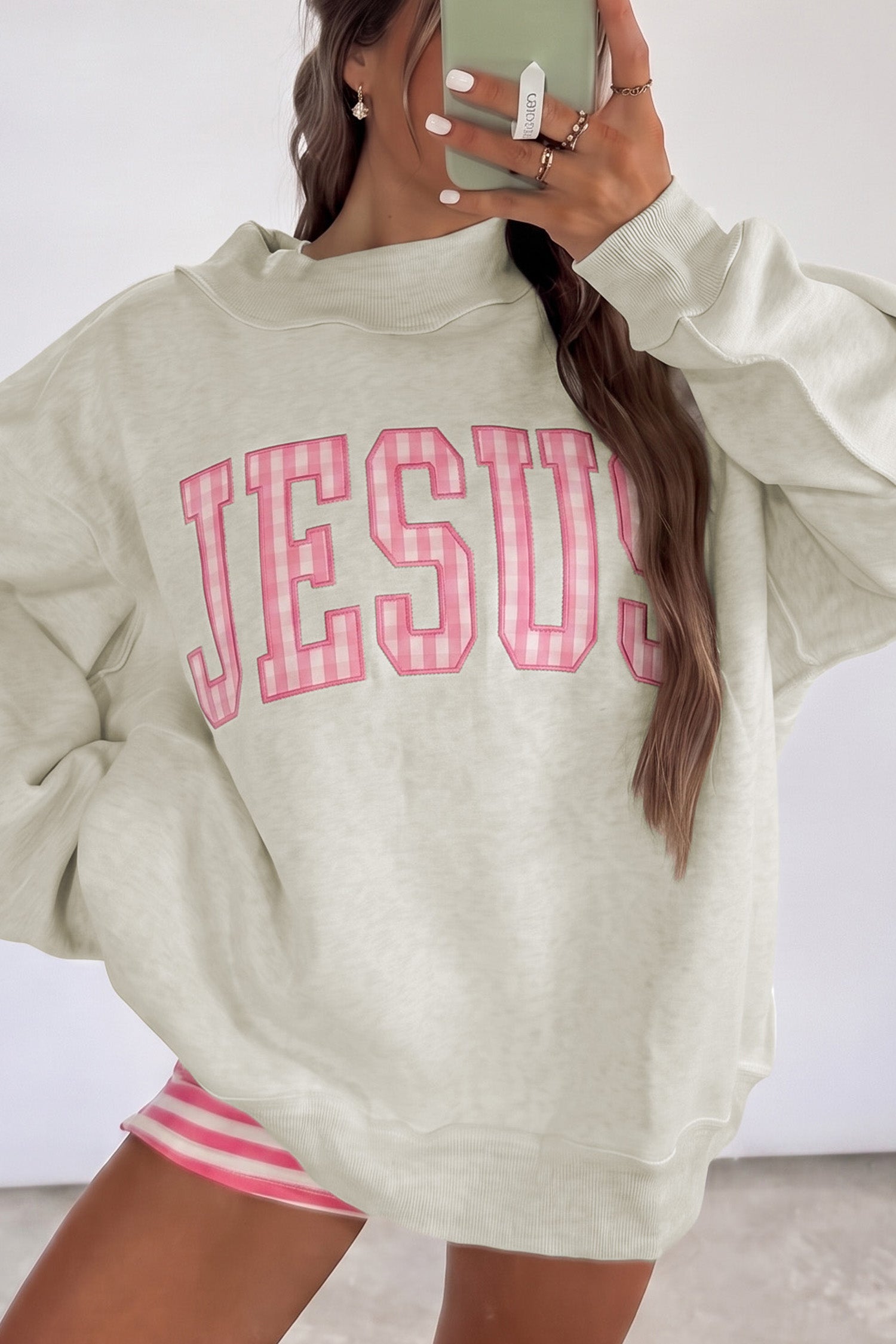 Gray High Neck Polka Dot Slogan Printed Baggy Sweatshirt-Tops/Sweatshirts & Hoodies-[Adult]-[Female]-Gray-S-2022 Online Blue Zone Planet