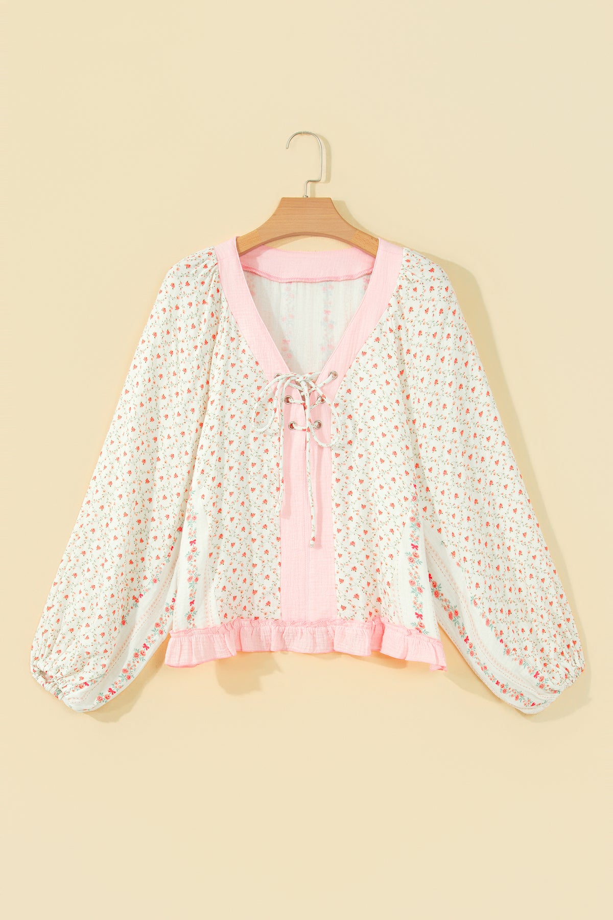 Beige Floral Print Color Block Trim Lace-up V Neck Long Sleeve Blouse-Tops/Blouses & Shirts-[Adult]-[Female]-2022 Online Blue Zone Planet