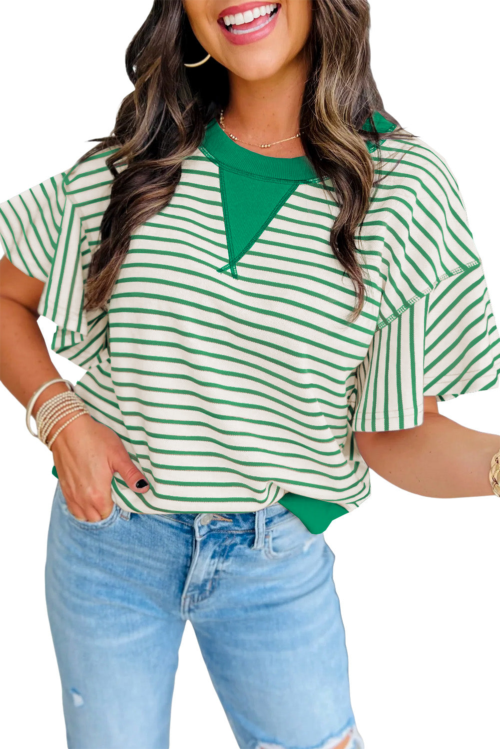 Bright Green Contrast Detail Striped Ruffle Short Sleeve Top-Tops/Blouses & Shirts-[Adult]-[Female]-2022 Online Blue Zone Planet