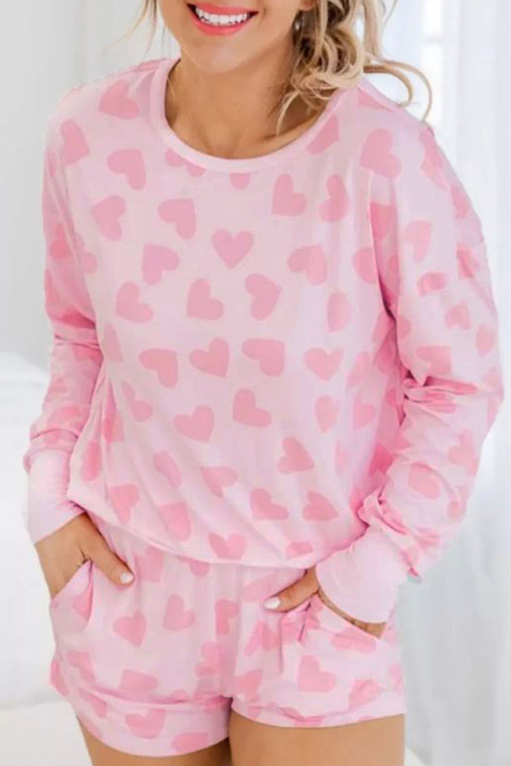 Pink Heart Print Long Sleeve Top And Shorts Loungewear Set