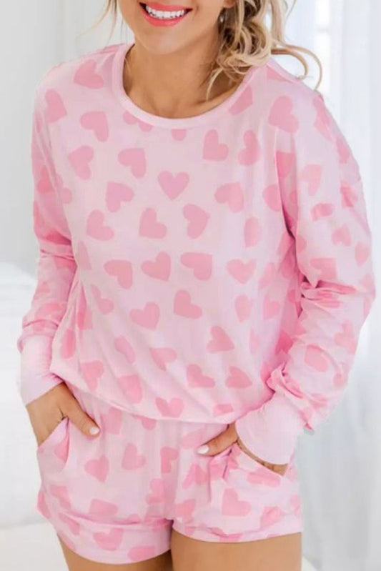 Pink Heart Print Long Sleeve Top And Shorts Loungewear Set