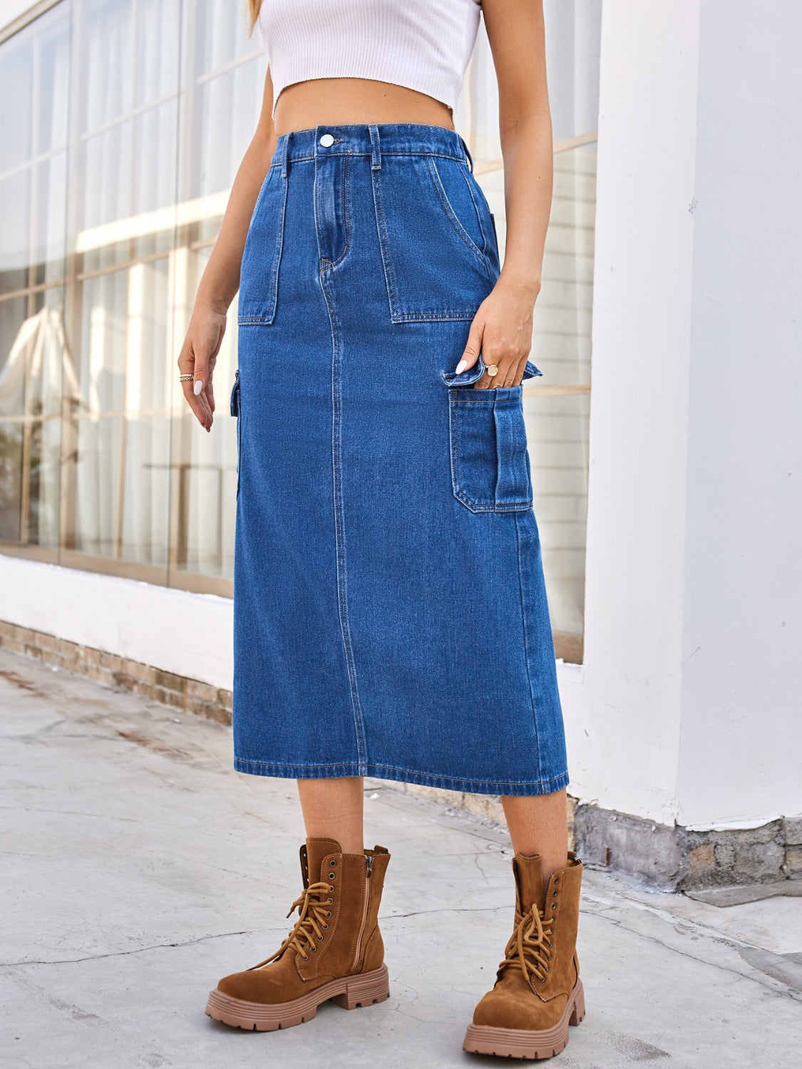 Slit Midi Denim Skirt with Pockets-[Adult]-[Female]-2022 Online Blue Zone Planet