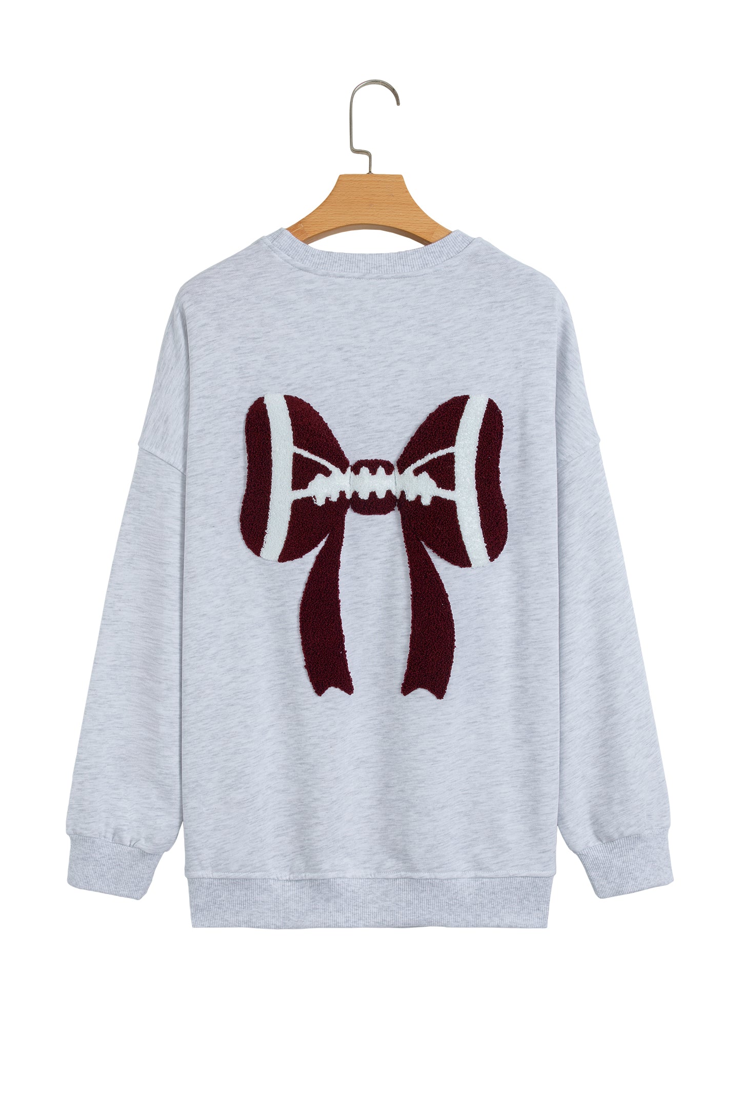 Gray Chenille Embroidered Rugby Bow Game Day Oversized Sweatshirt-Tops/Sweatshirts & Hoodies-[Adult]-[Female]-2022 Online Blue Zone Planet