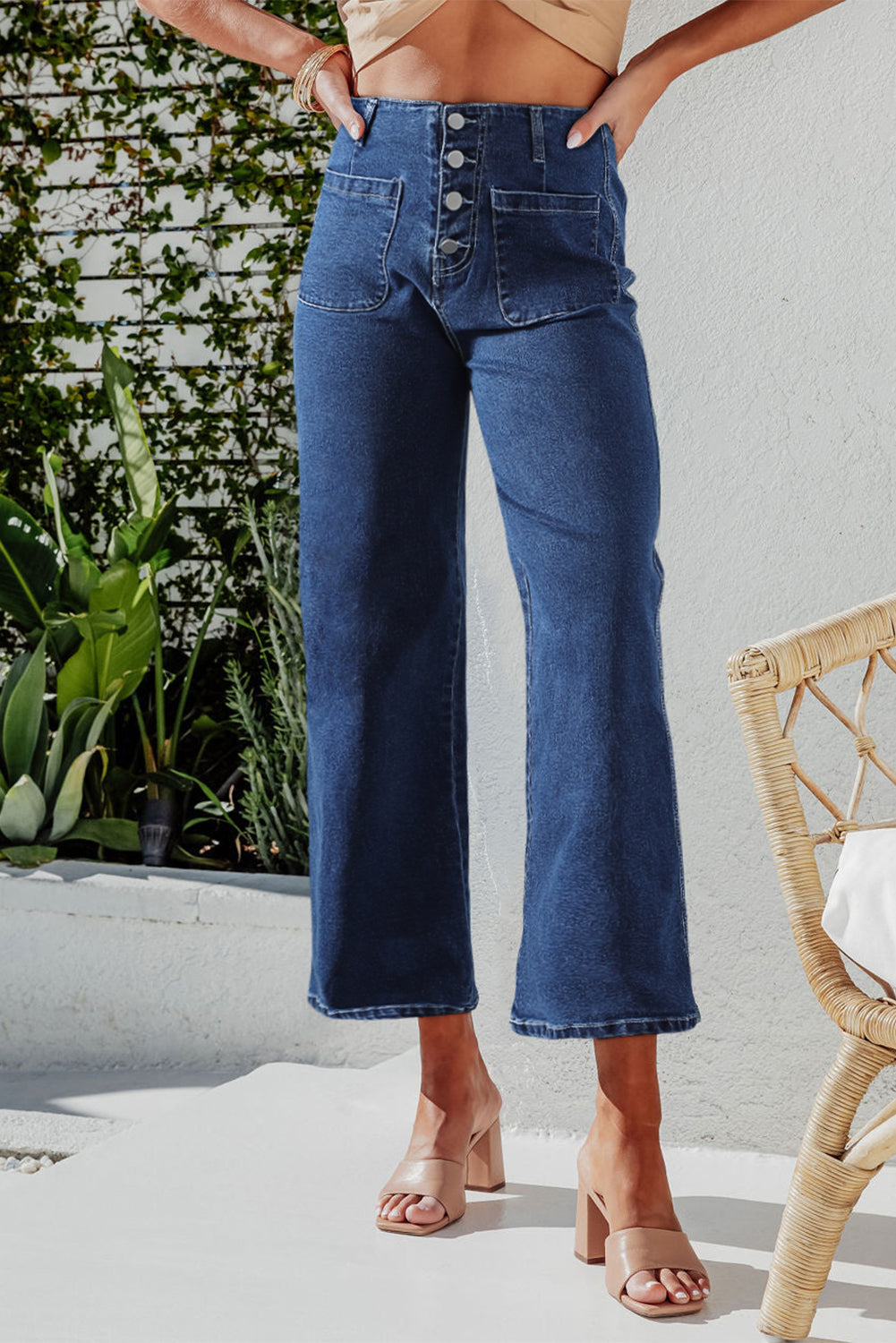 Sail Blue High Waist Button Front Wide Leg Cropped Jeans-Bottoms/Jeans-[Adult]-[Female]-2022 Online Blue Zone Planet