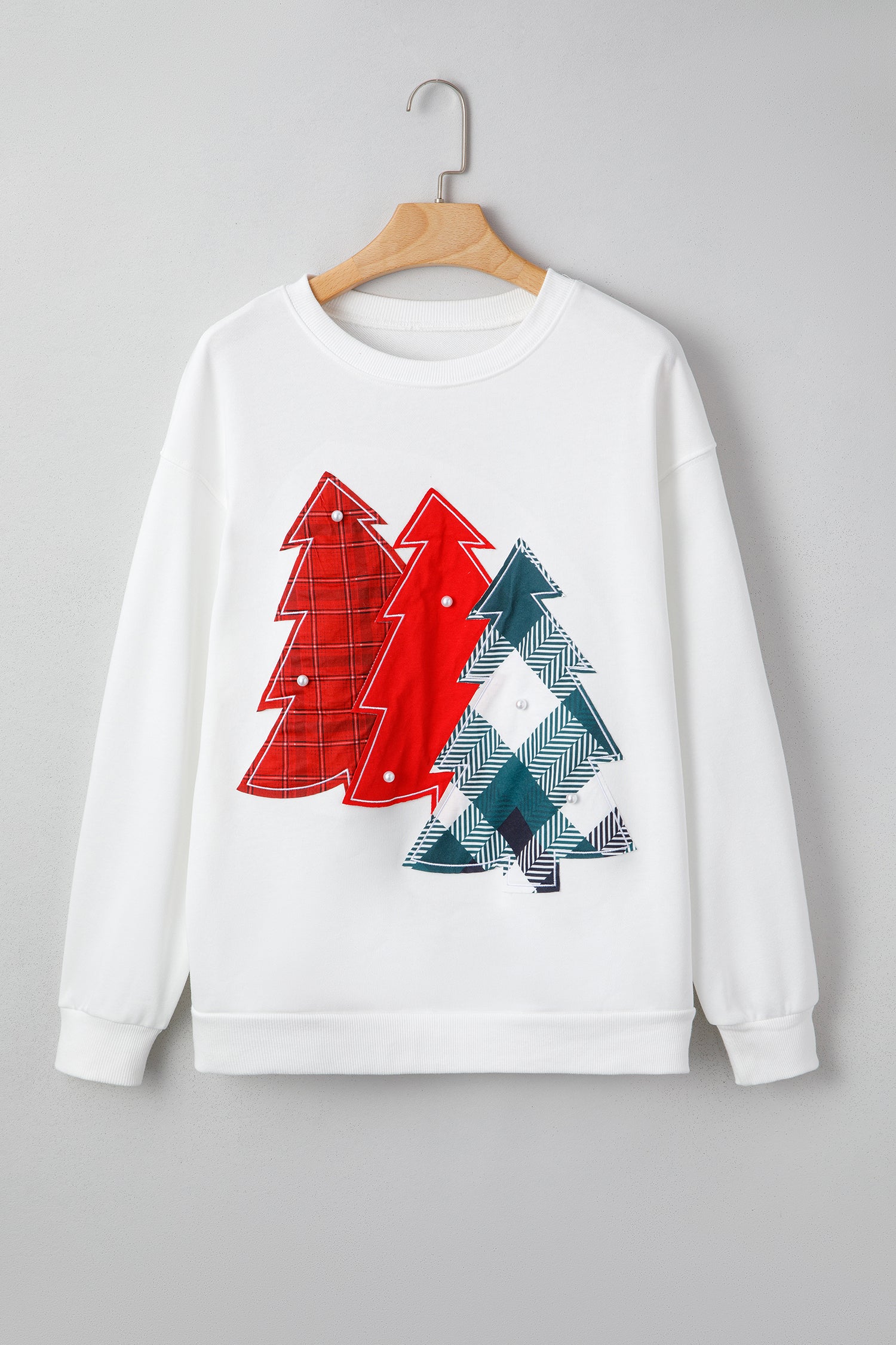 White Pearl Plaid Christmas Tree Patched Drop Shoulder Sweatshirt-Tops/Sweatshirts & Hoodies-[Adult]-[Female]-2022 Online Blue Zone Planet