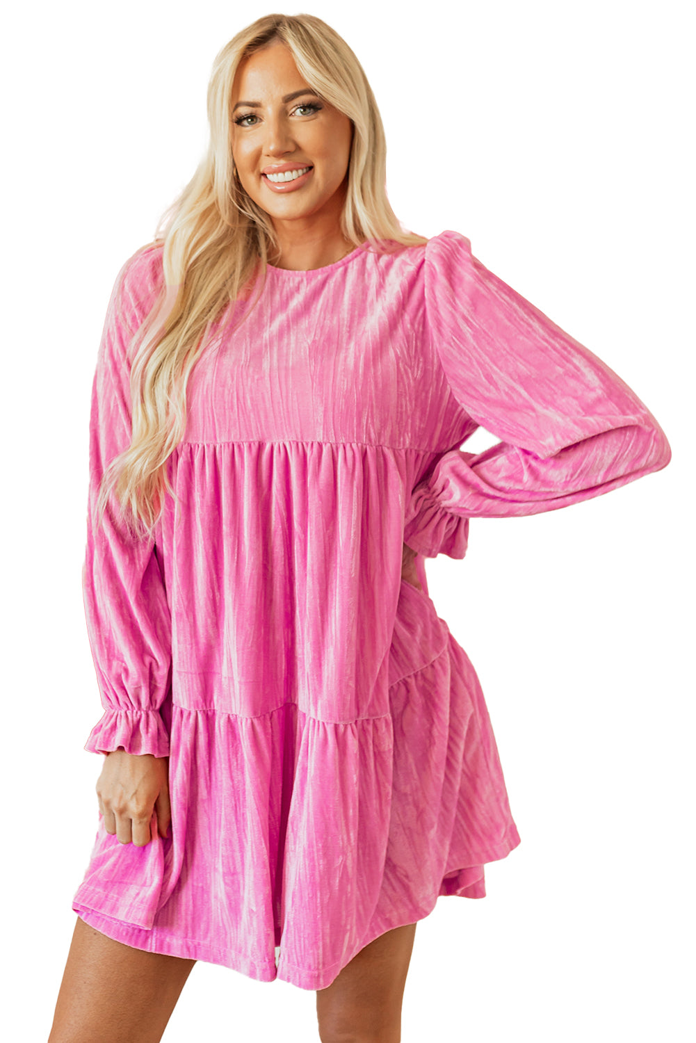 Blue Zone Planet | Strawberry Pink Flounce Sleeve Tiered Ruffled Velvet Mini Dress-TOPS / DRESSES-[Adult]-[Female]-2022 Online Blue Zone Planet