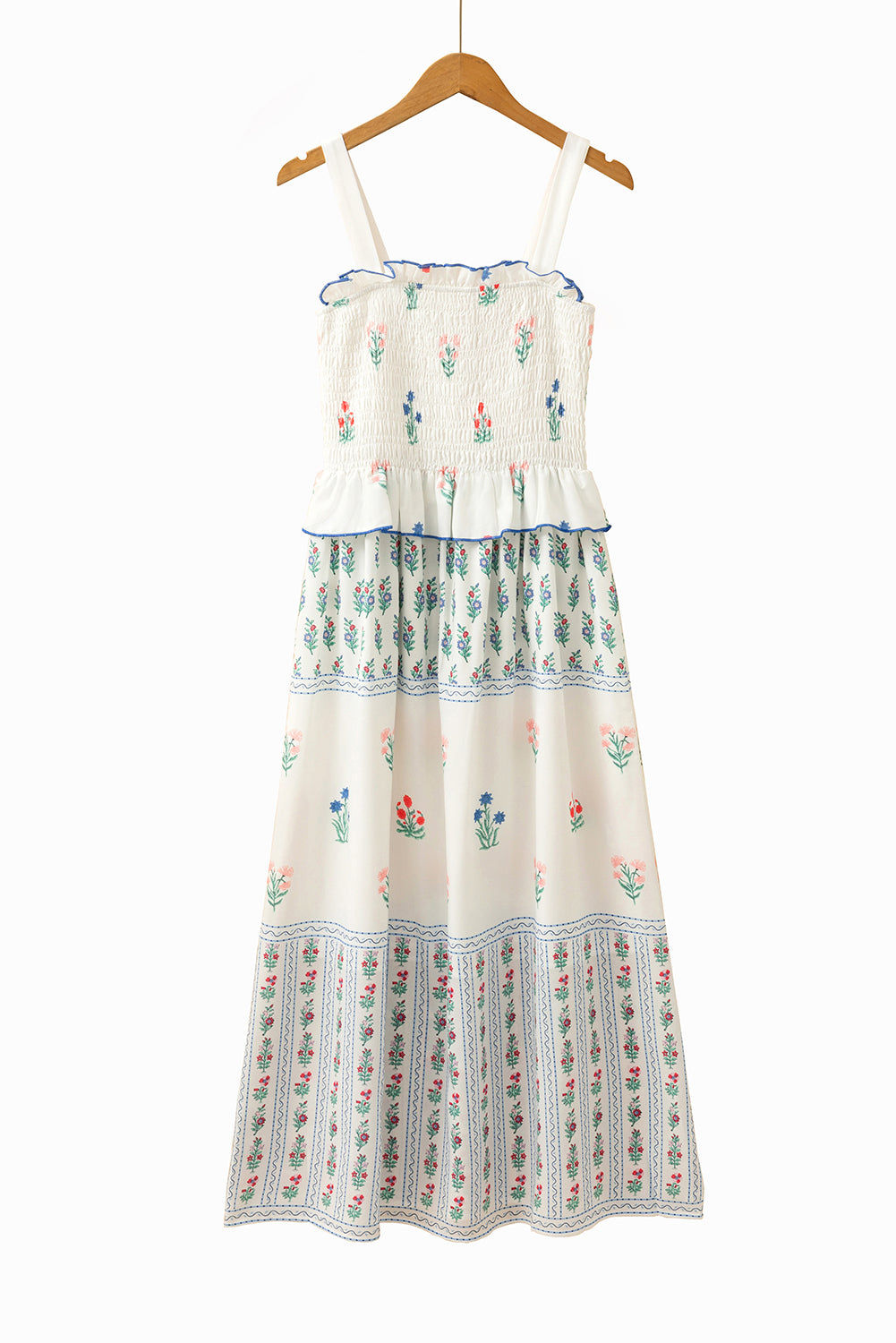 White Floral Print Frill Smocked Bodice Boho Dress-Maxi Dresses-[Adult]-[Female]-2022 Online Blue Zone Planet