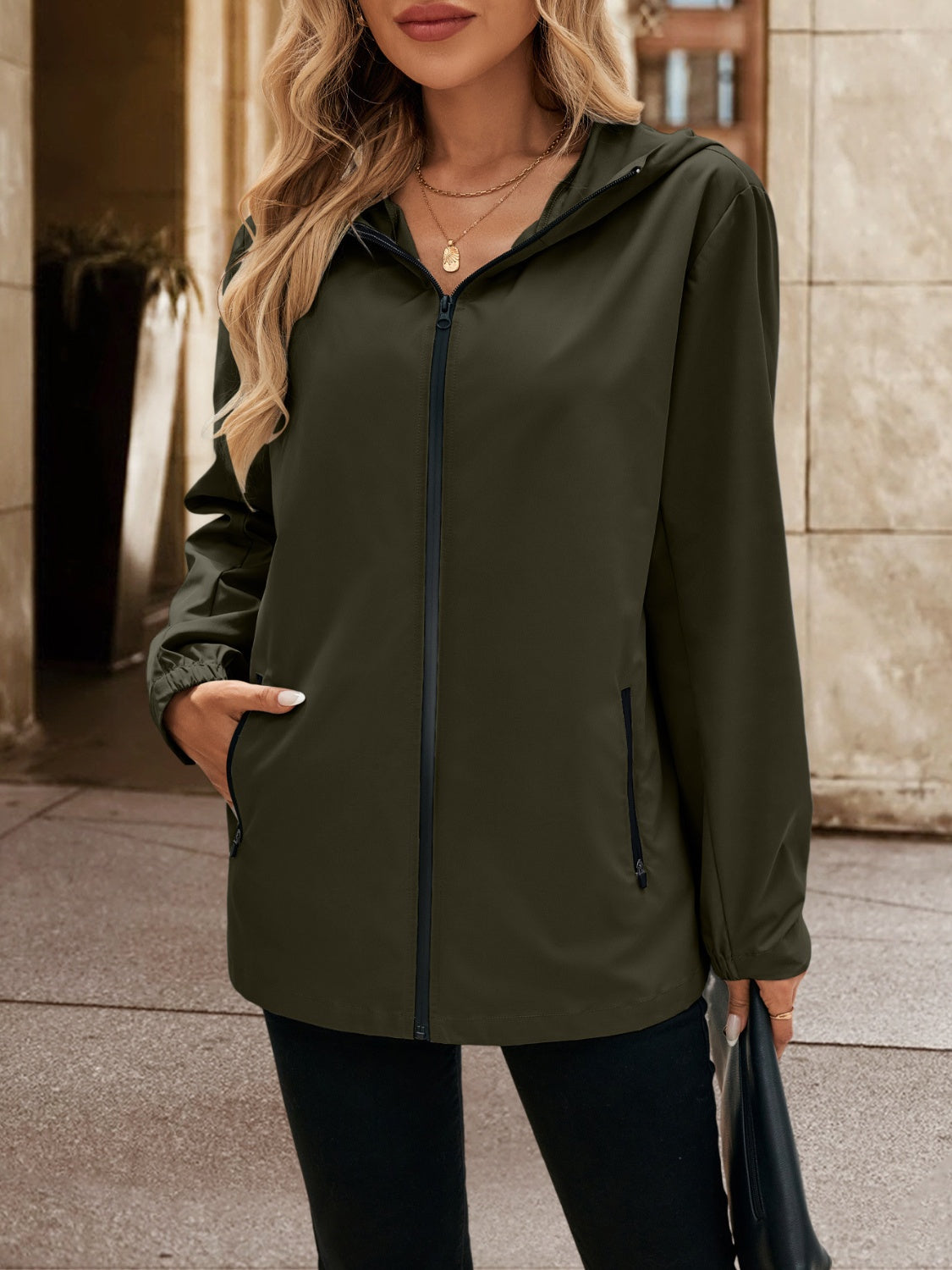 Pocketed Zip Up Hooded Jacket-TOPS / DRESSES-[Adult]-[Female]-2022 Online Blue Zone Planet