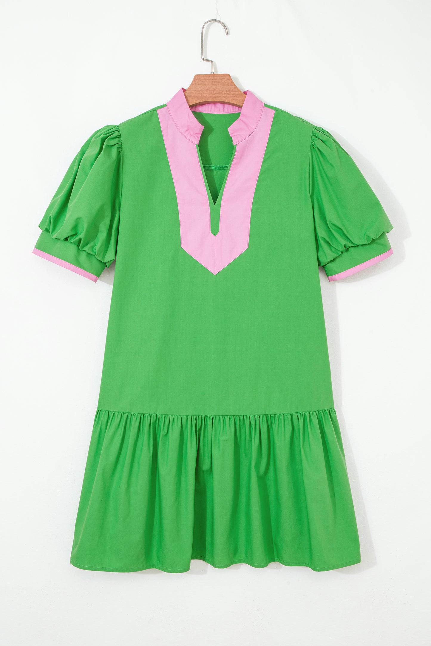 Bright Green Color Block Detail Split Neck Short Puff Sleeve Ruffle Hem Mini Dress-TOPS / DRESSES-[Adult]-[Female]-2022 Online Blue Zone Planet
