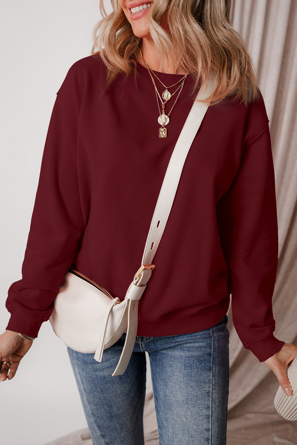 Round Neck Long Sleeve Sweatshirt-TOPS / DRESSES-[Adult]-[Female]-Burgundy-S-2022 Online Blue Zone Planet