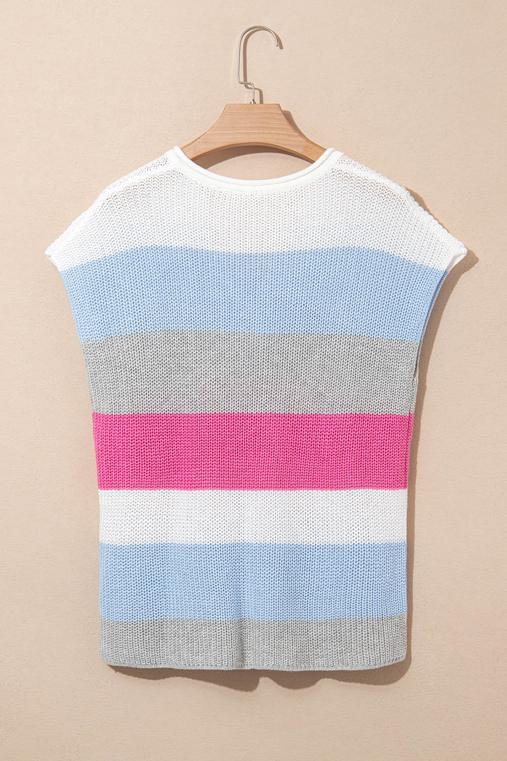 Light Blue Color Block Notch V Neck Sweater T Shirt-Sweaters & Cardigans/Short Sleeve Sweaters-[Adult]-[Female]-2022 Online Blue Zone Planet