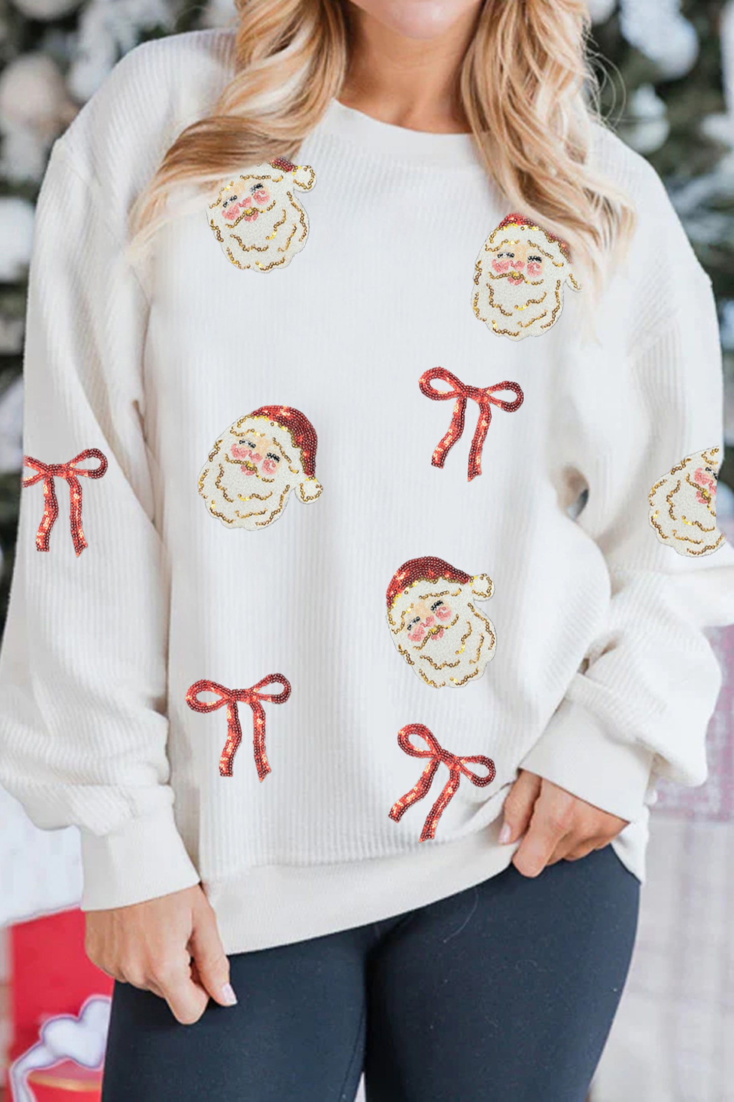 White Corded Rib Sequin Santa Bow Patched Drop Shoulder Graphic Sweatshirt-Graphic/Graphic Sweatshirts-[Adult]-[Female]-White-S-2022 Online Blue Zone Planet
