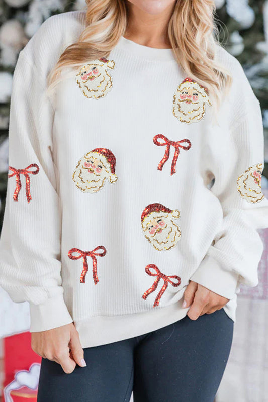 White Corded Rib Sequin Santa Bow Patched Drop Shoulder Graphic Sweatshirt-Graphic/Graphic Sweatshirts-[Adult]-[Female]-White-S-2022 Online Blue Zone Planet