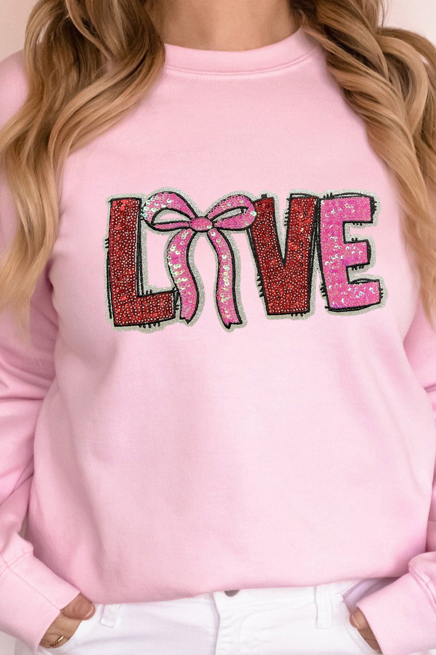 Pink Bow Love Sequin Pattern Valentine Sweatshirt